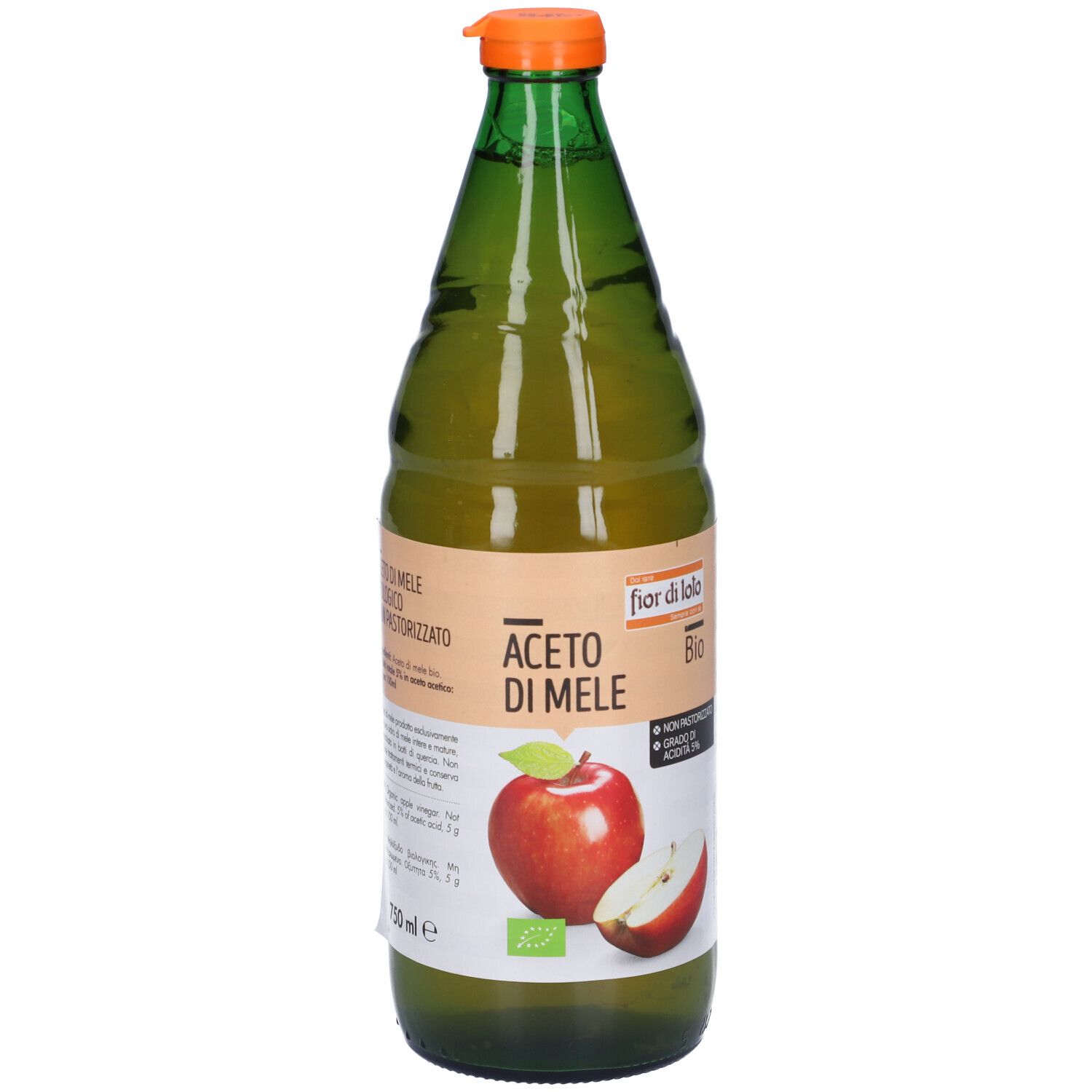 Bottiglia di vetro verde con tappo arancione. Etichetta con immagine di mela e testo: Aceto di Mele, Bio, Non Pastorizzato.