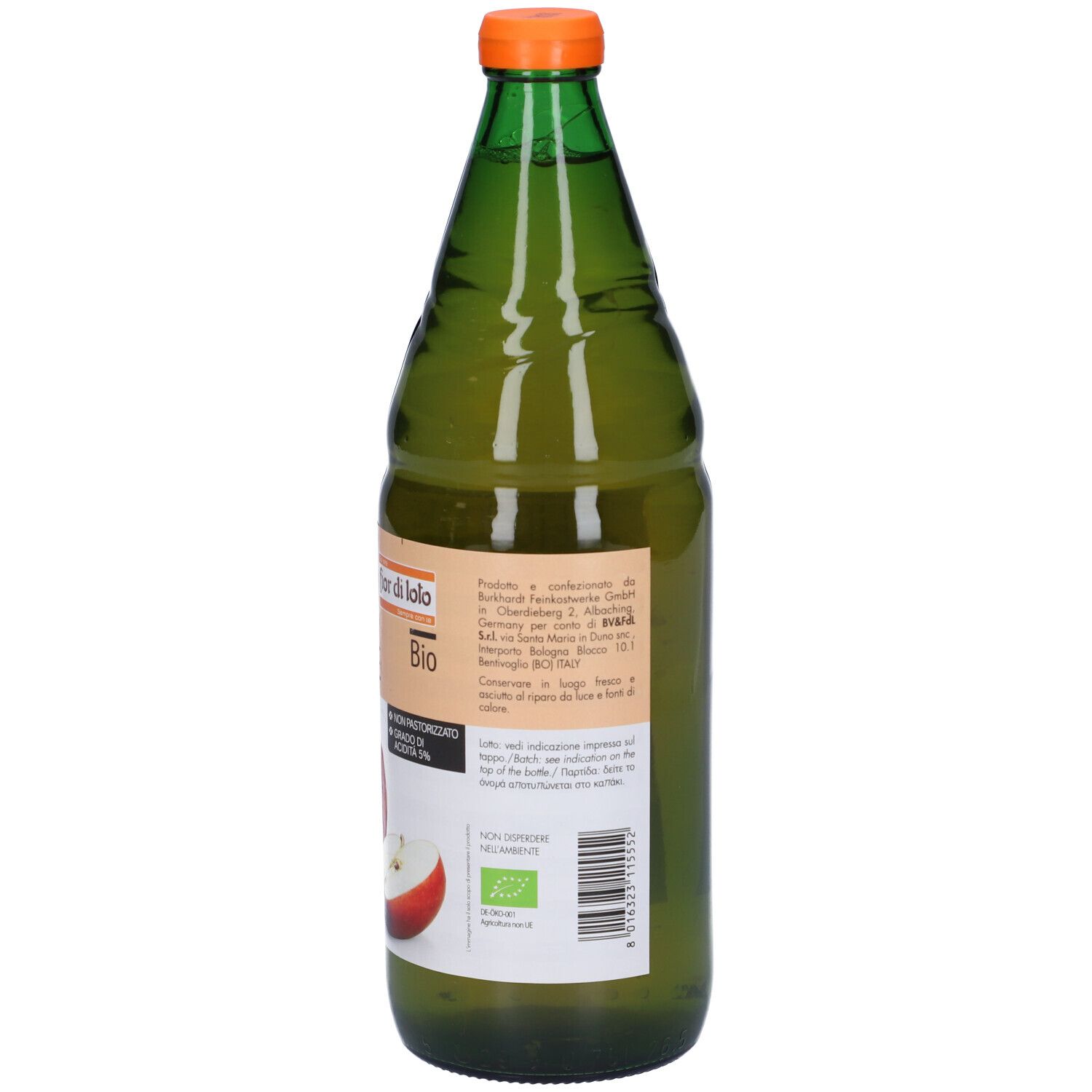 Bottiglia di vetro verde con tappo arancione. Etichetta con immagine di mela e testo: Aceto di Mele, Bio, Non Pastorizzato.