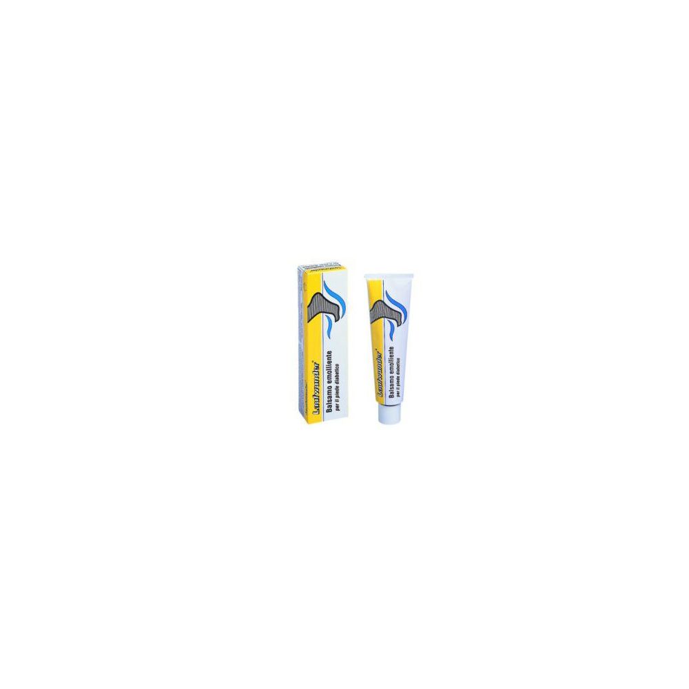 Tubo e scatola di crema. Scritto: Balsamo emolliente per il piede diabetico. Giallo, blu, bianco.