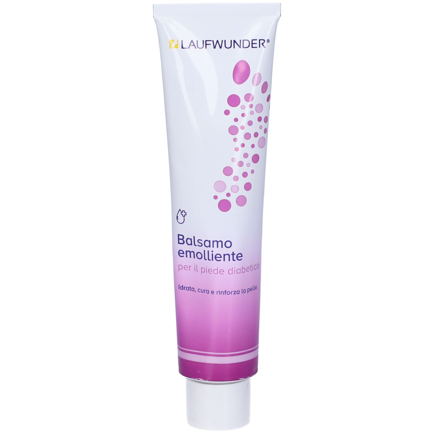 Tubo bianco con accenti rosa. Scritto: Balsamo emolliente per il piede diabetico. Marchio: LAUFWUNDER.