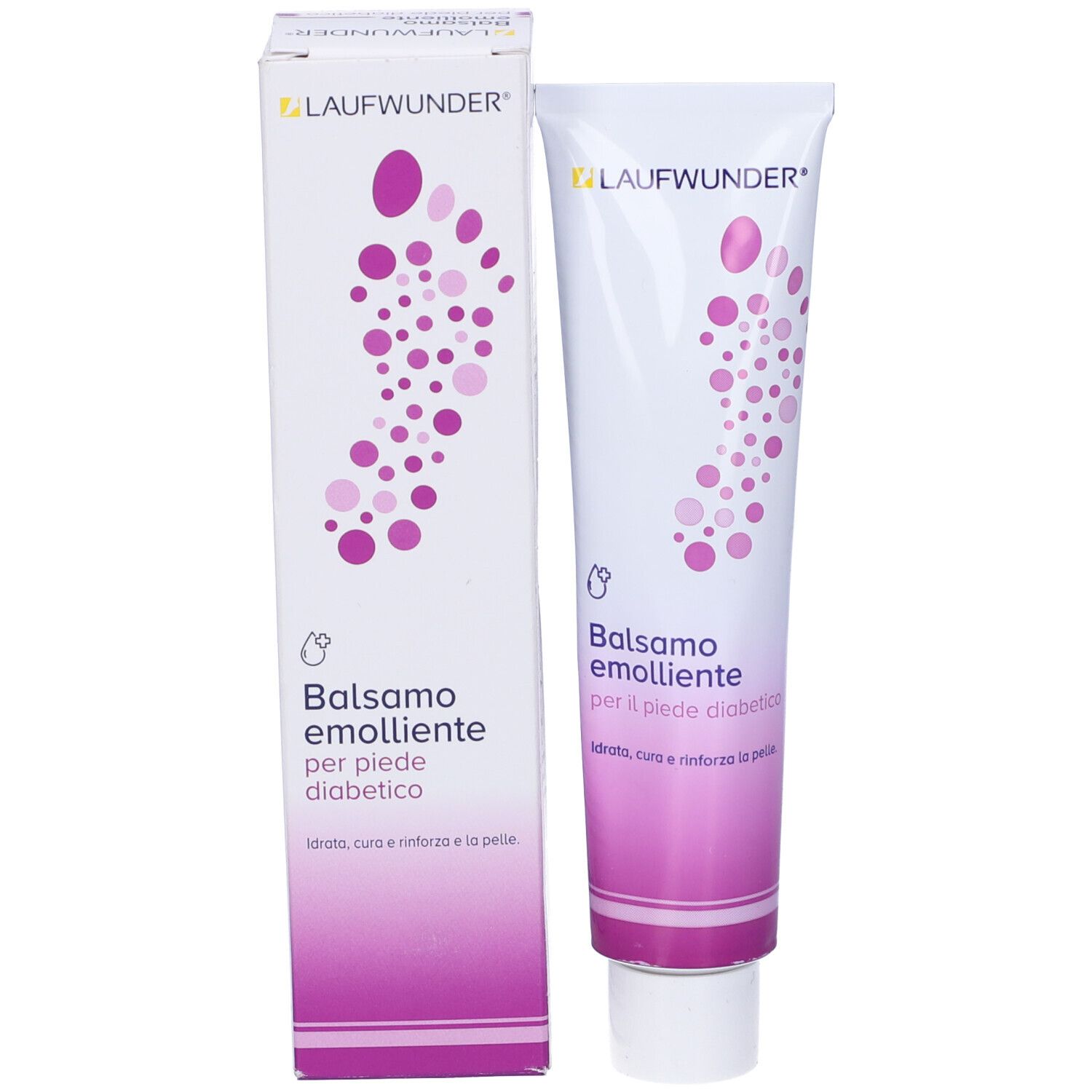 Tubo e scatola. Scritto: Balsamo emolliente per il piede diabetico. Marchio: LAUFWUNDER. Rosa e bianco.