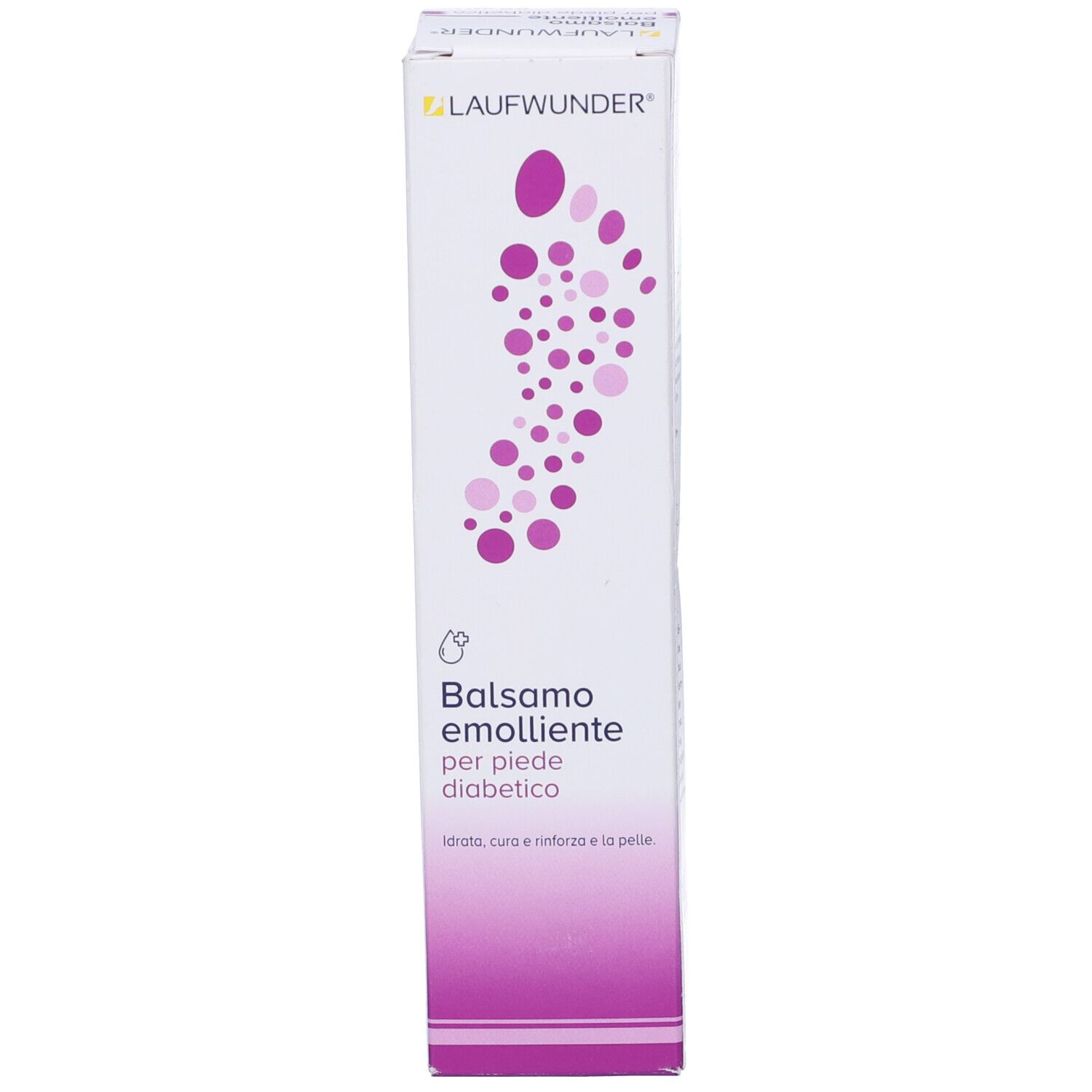 Scatola. Scritto: Balsamo emolliente per il piede diabetico. Marchio: LAUFWUNDER. Rosa e bianco.