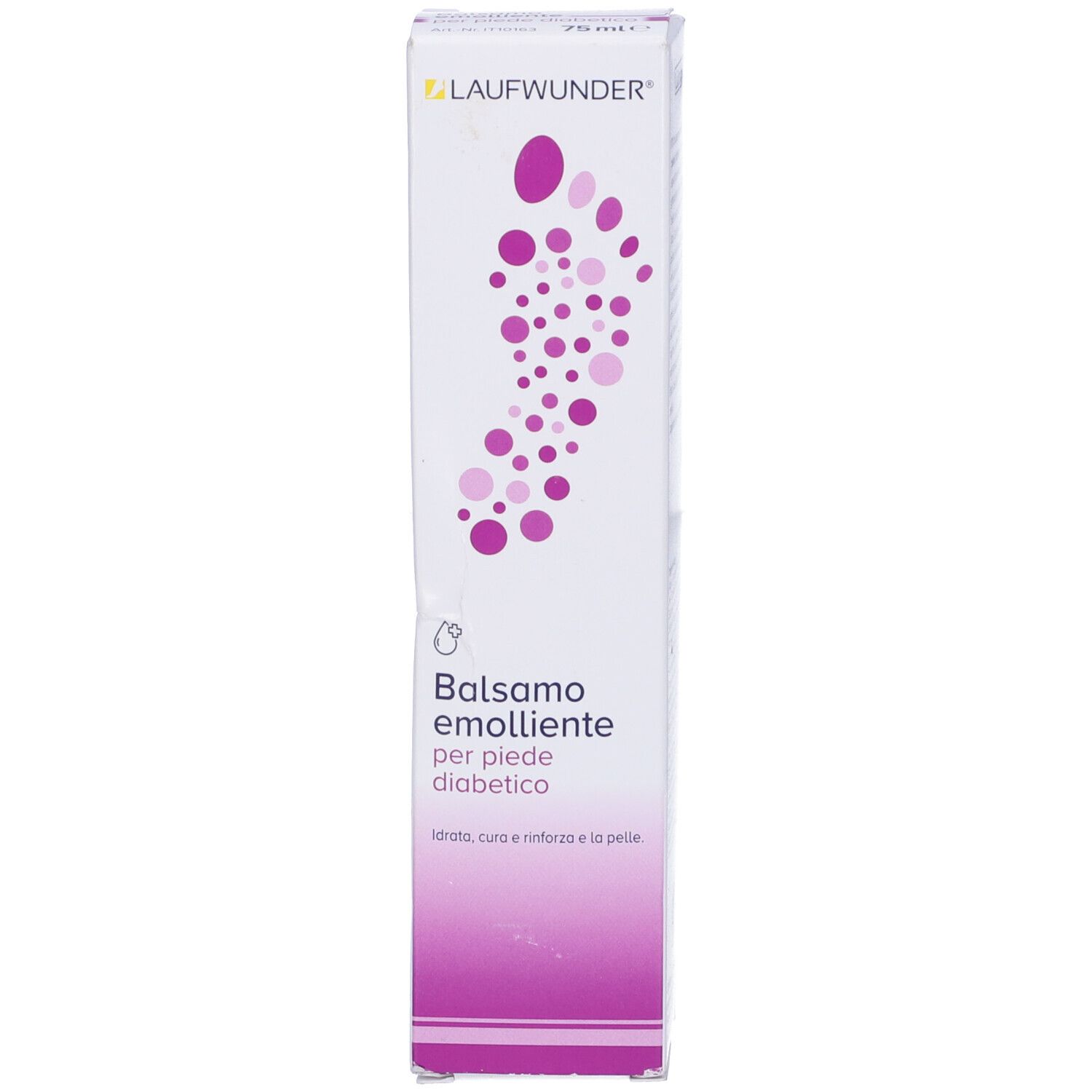 Scatola. Scritto: Balsamo emolliente per il piede diabetico. Marchio: LAUFWUNDER. Rosa e bianco.