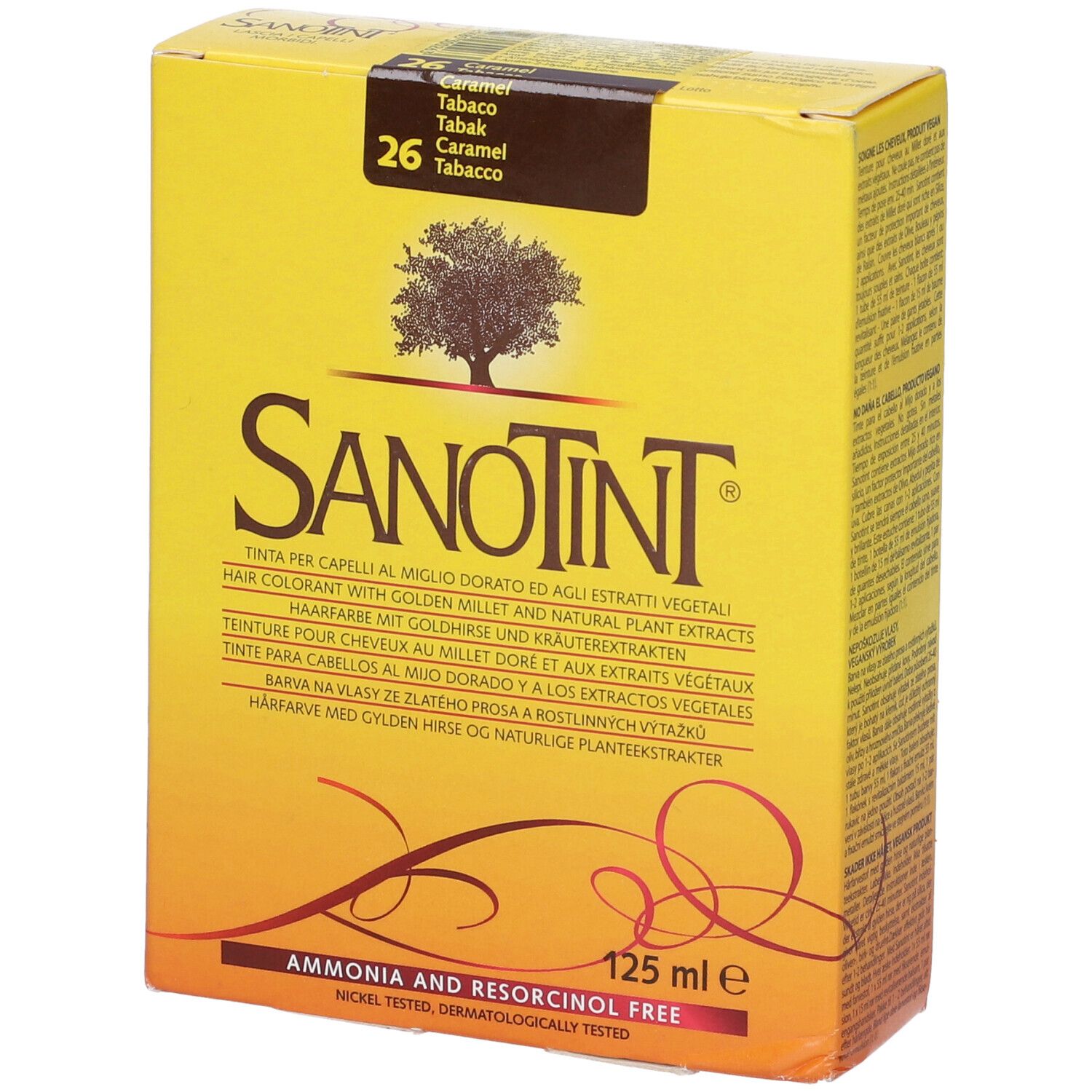 Scatola gialla di tinta per capelli Sanotint. Contiene 125 ml. Nome del prodotto, logo albero e indicazione colore frontale.