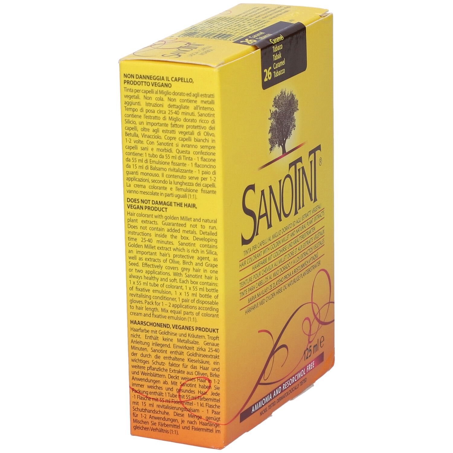 Scatola di tinta per capelli Sanotint. Nome prodotto, logo albero e testo. Contiene 125 ml. Prodotto vegano. Indicazione colore.