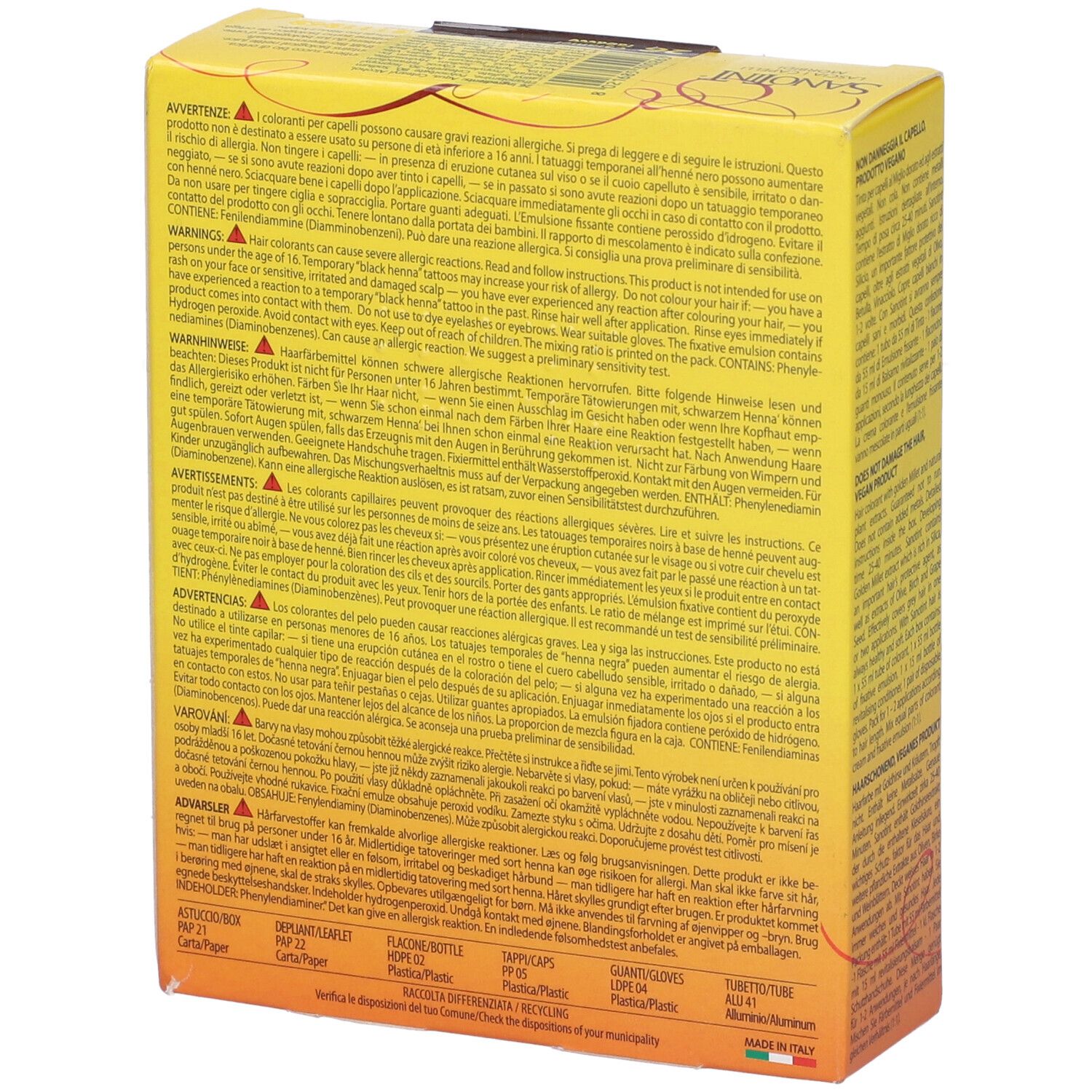 Retro della scatola di tinta per capelli Sanotint. Testo multilingue. Avvertenze e ingredienti.