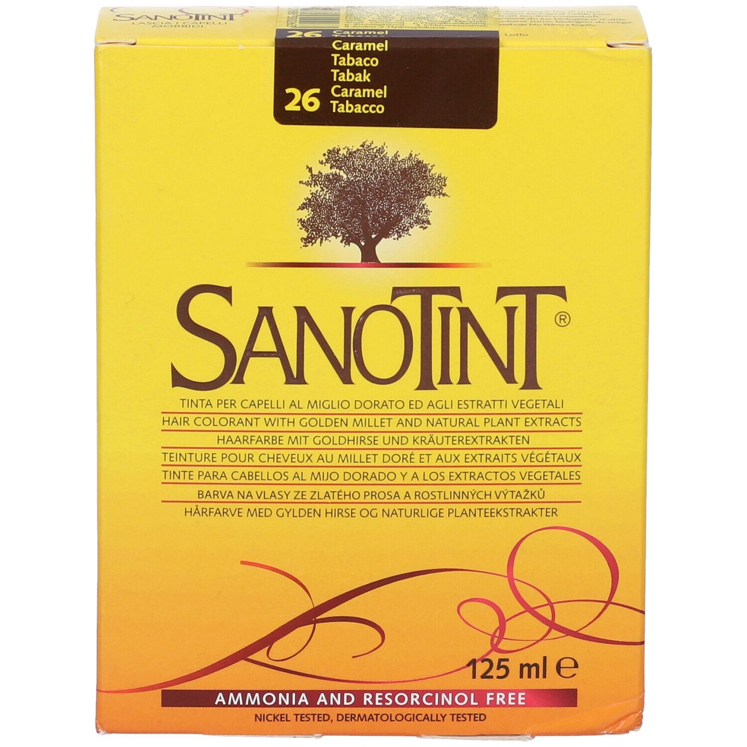 Fronte della scatola di tinta per capelli Sanotint. Nome prodotto, logo albero e testo. Contiene 125 ml.