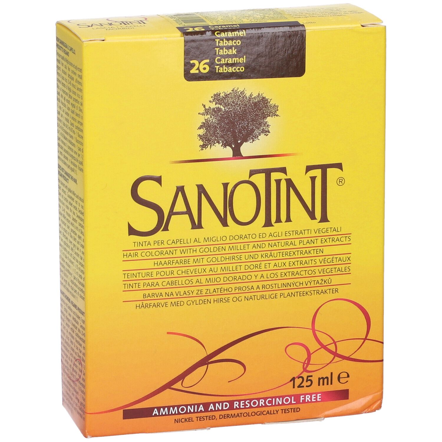 Fronte della scatola di tinta per capelli Sanotint. Nome prodotto, logo albero e testo. Contiene 125 ml. Indicazione colore.