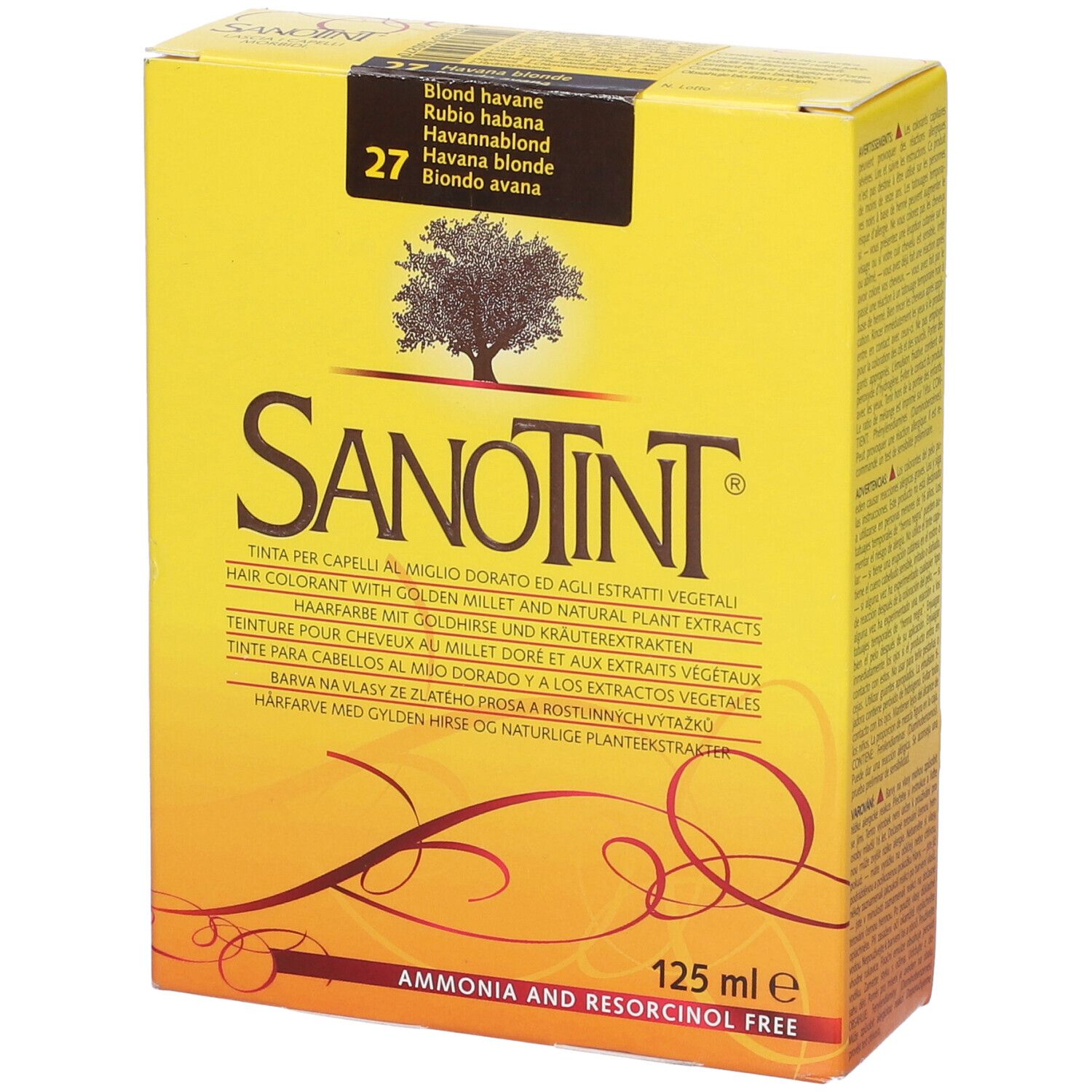Scatola gialla con logo Sanotint e nome del prodotto. Contiene 125 ml. 'Senza ammoniaca e resorcina'.