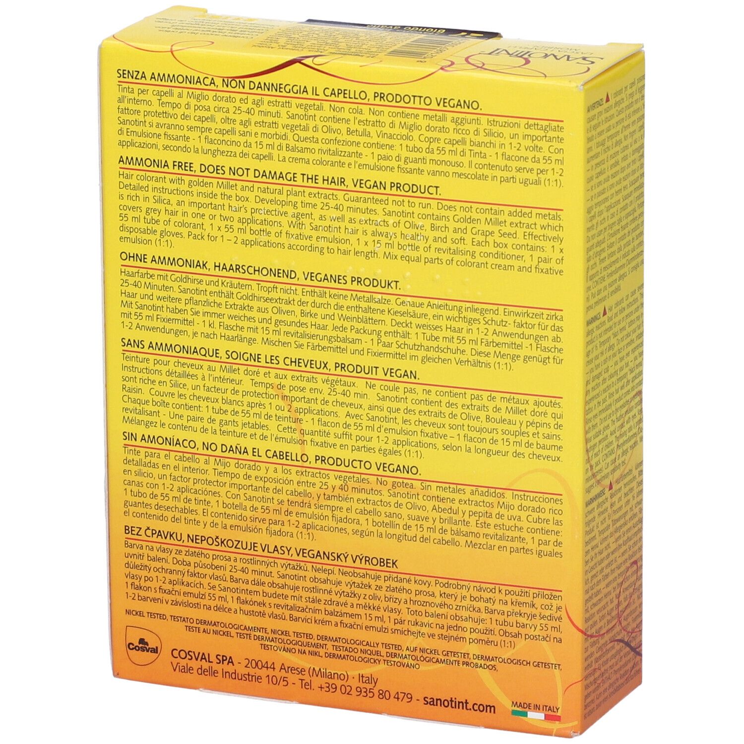 Scatola gialla con testo multilingue. Logo Sanotint. Contiene 125 ml. 'Senza ammoniaca e resorcina'.
