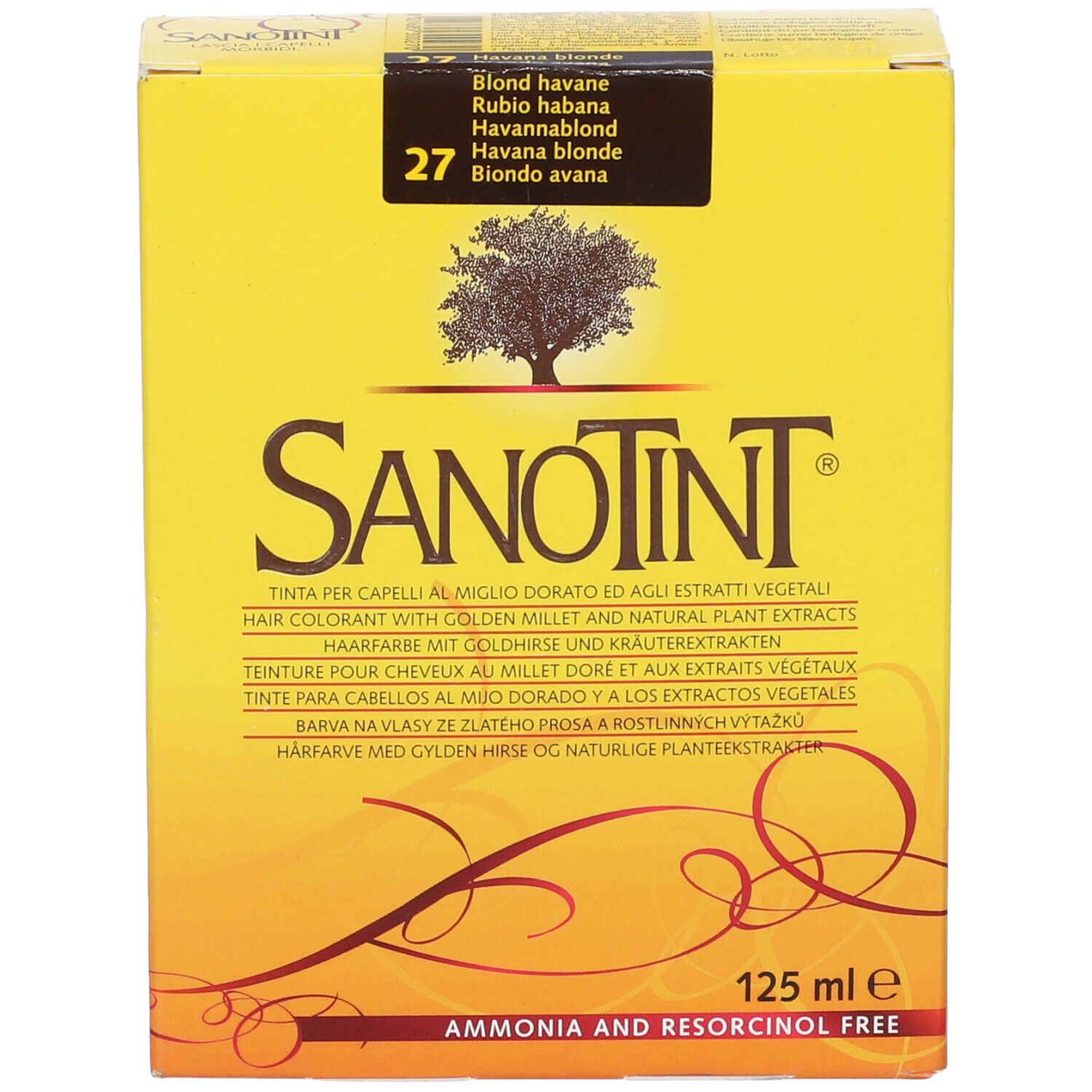 Scatola gialla con logo Sanotint e nome del prodotto. Contiene 125 ml. 'Senza ammoniaca e resorcina'.