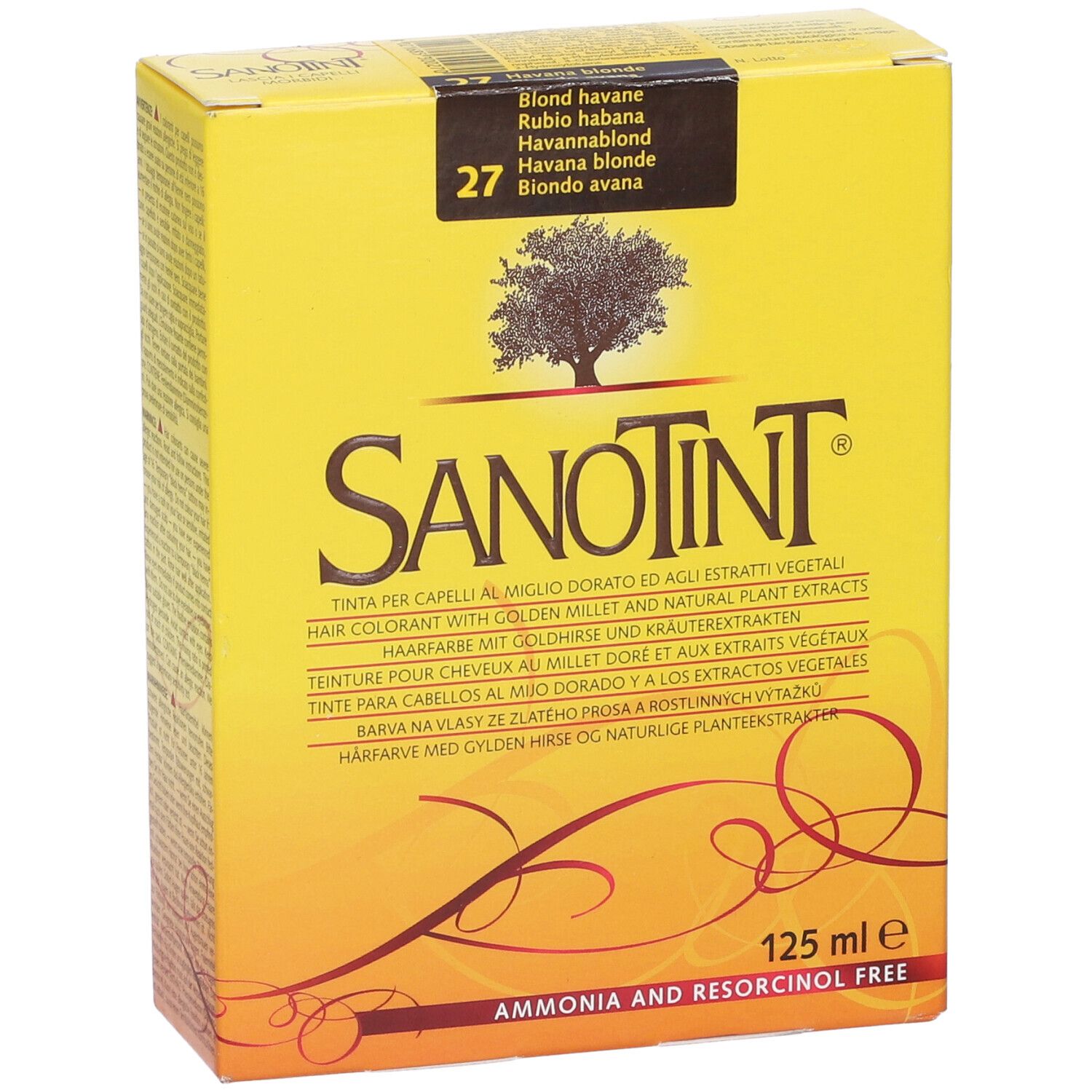 Scatola gialla con logo Sanotint e nome del prodotto. Contiene 125 ml. 'Senza ammoniaca e resorcina'.