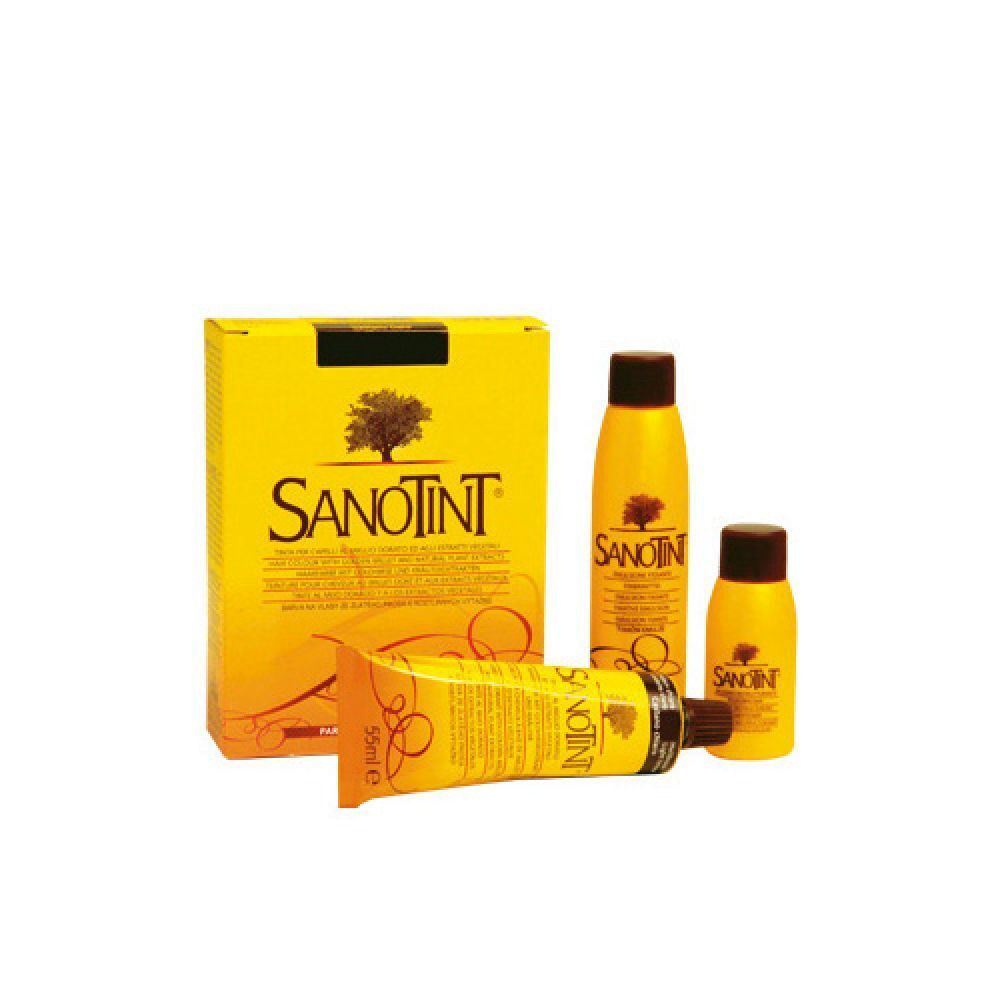 Confezione gialla con flaconi e tubo. Scritta SANOTINT. Logo albero. Tubo da 55 ml.