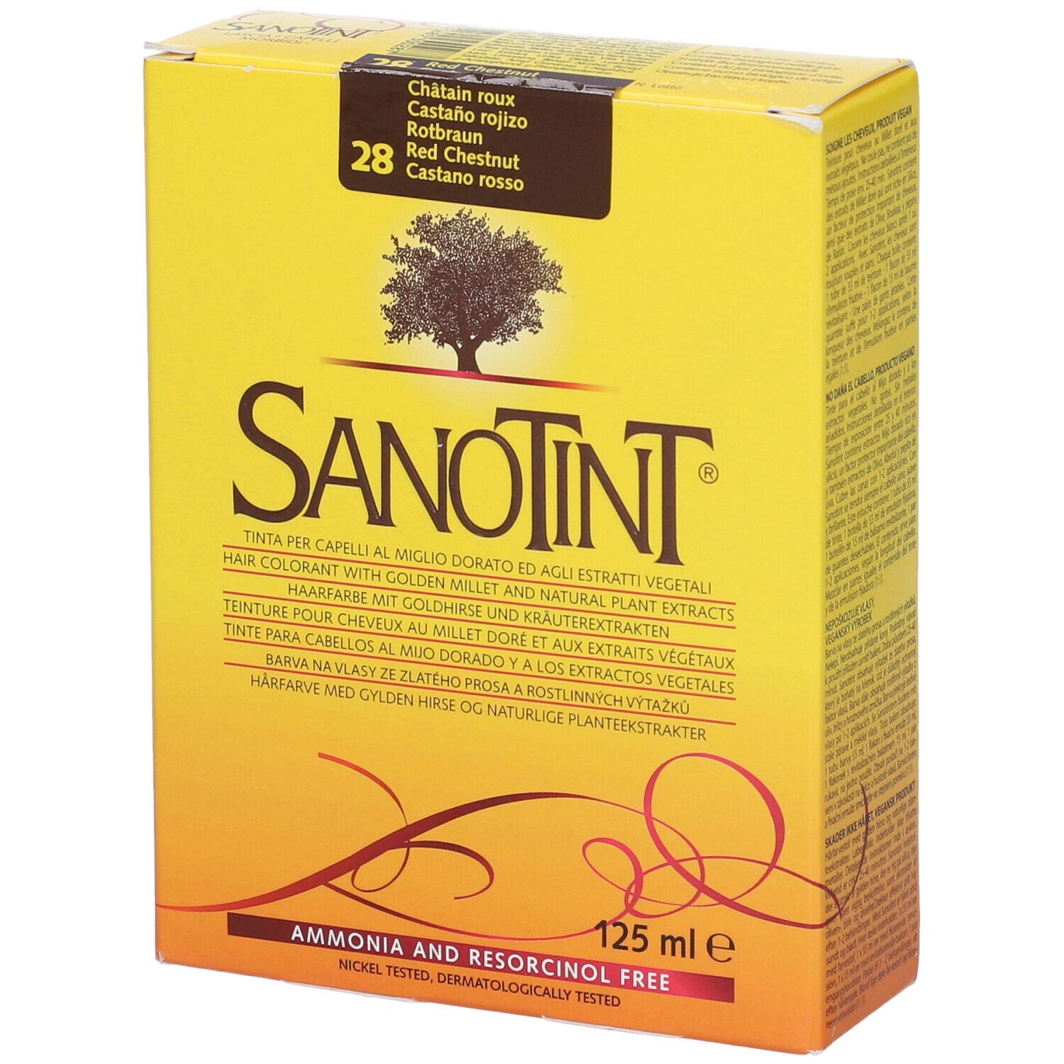 Scatola gialla con logo SANOTINT e simbolo albero. Testo: Tinta per capelli, 125 ml. Tonalità: 28 Castano rosso.
