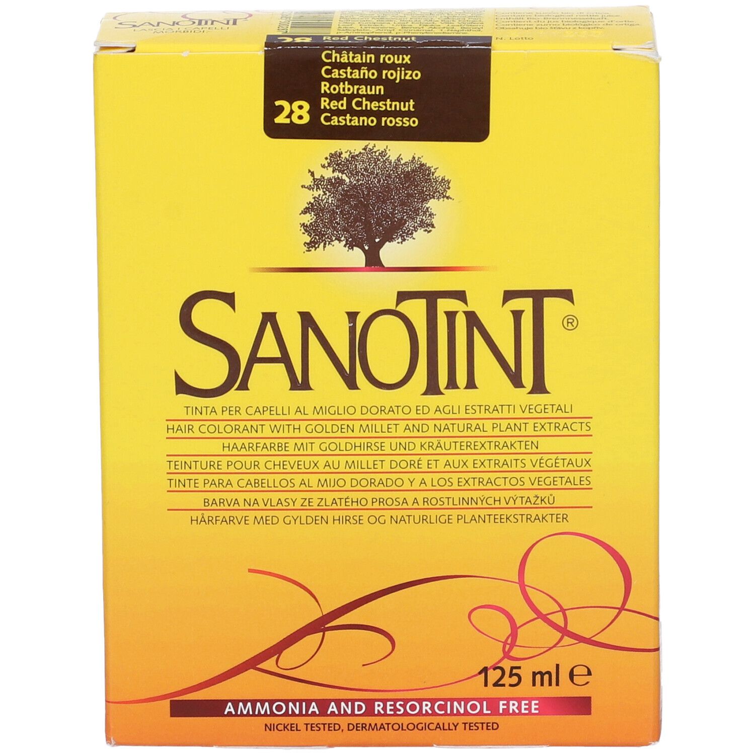 Scatola gialla con logo SANOTINT e simbolo albero. Testo: Tinta per capelli, 125 ml. Tonalità: 28 Castano rosso.