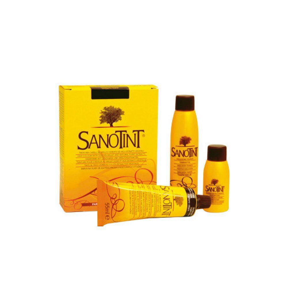 Confezione gialla con logo Sanotint, tubi e flaconi. Scritta: Sanotint Tintura Capelli.