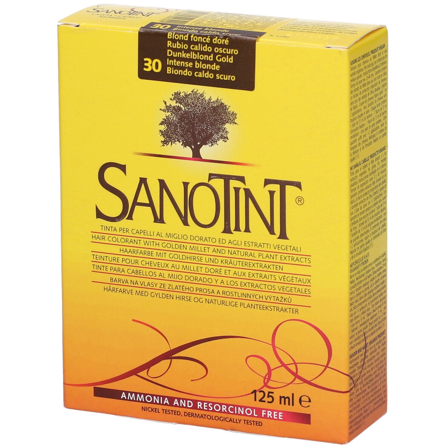Scatola gialla con logo Sanotint e testo. Scritta: Sanotint Tintura Capelli. 125 ml.