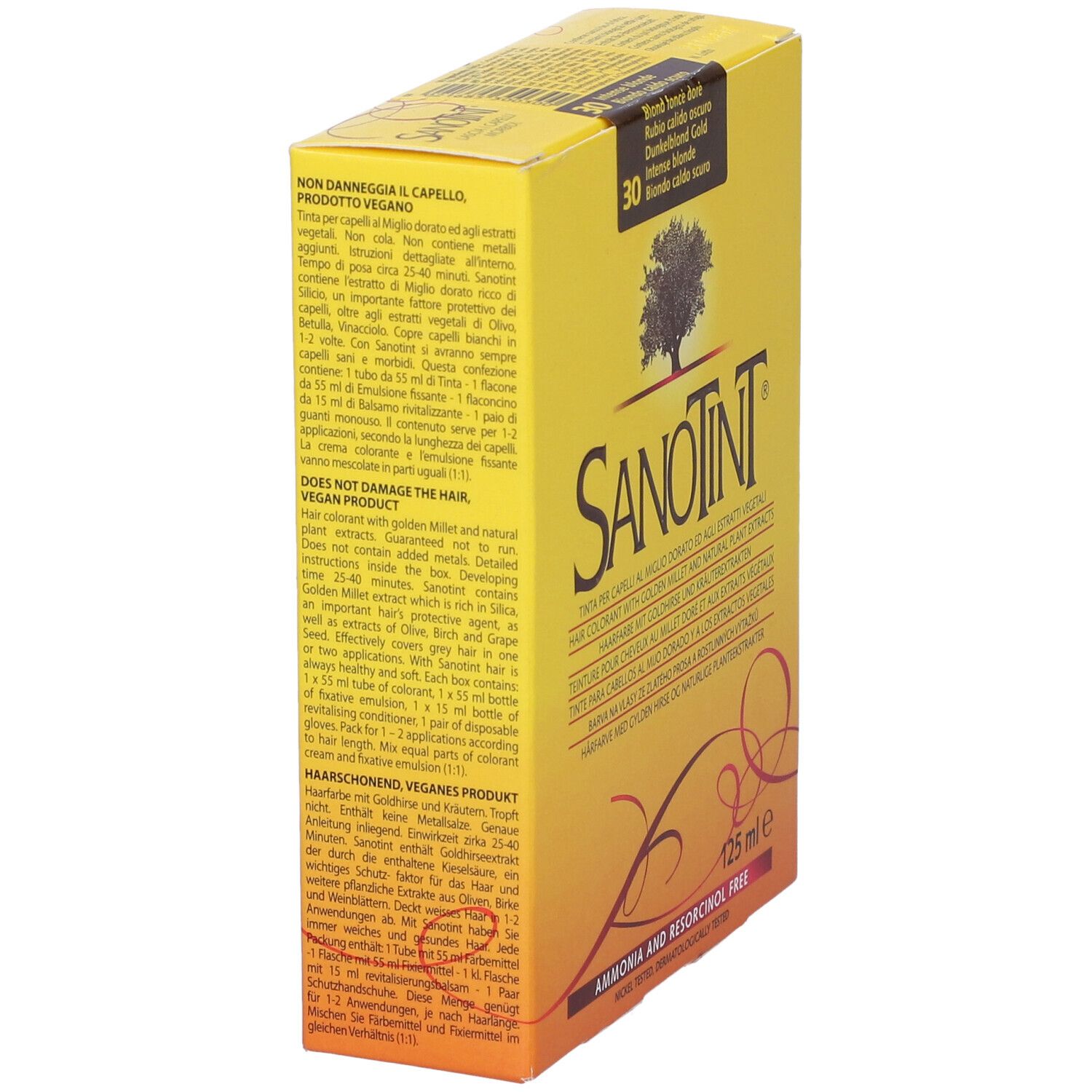 Scatola gialla con logo Sanotint e testo. Scritta: Sanotint Tintura Capelli. 125 ml.