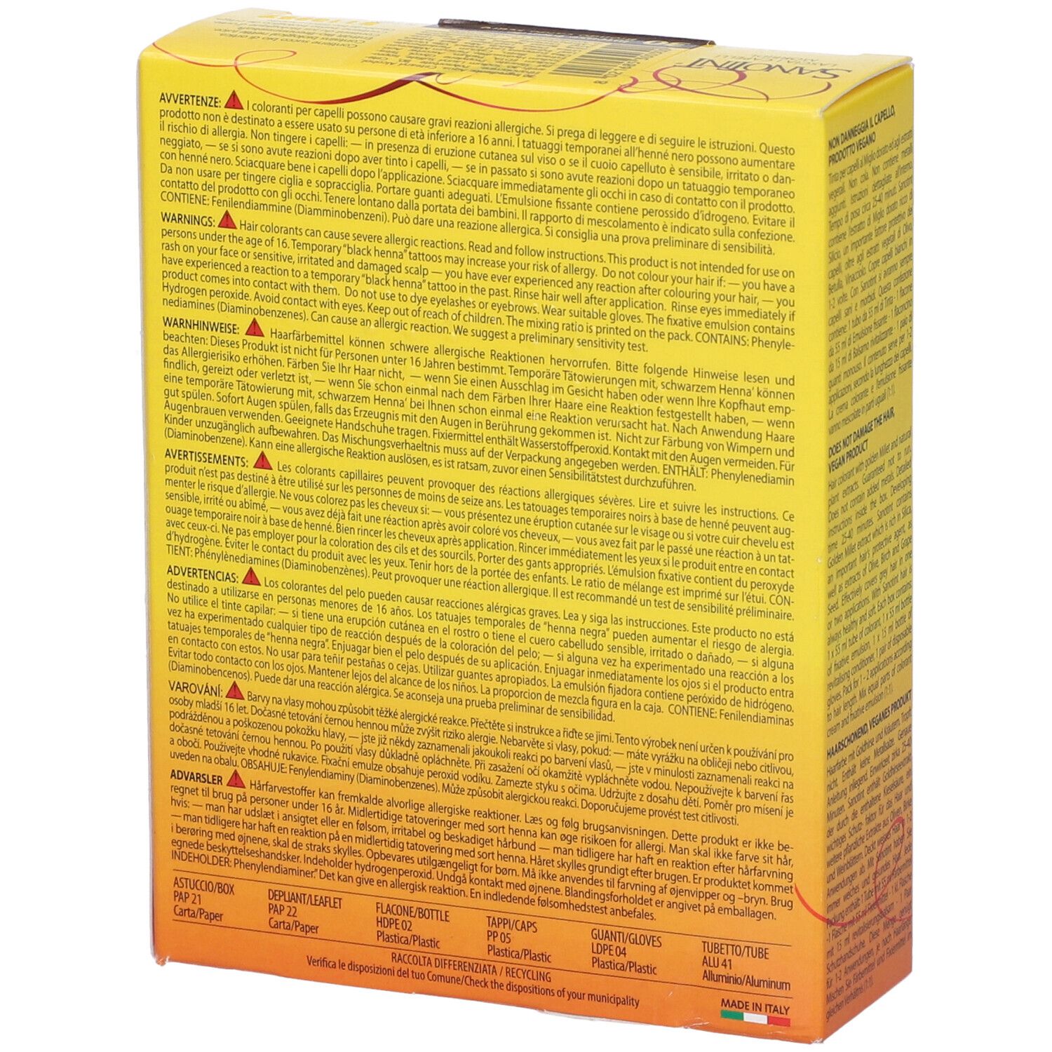 Retro di una scatola gialla con testo. Scritta: Sanotint Tintura Capelli. 125 ml.