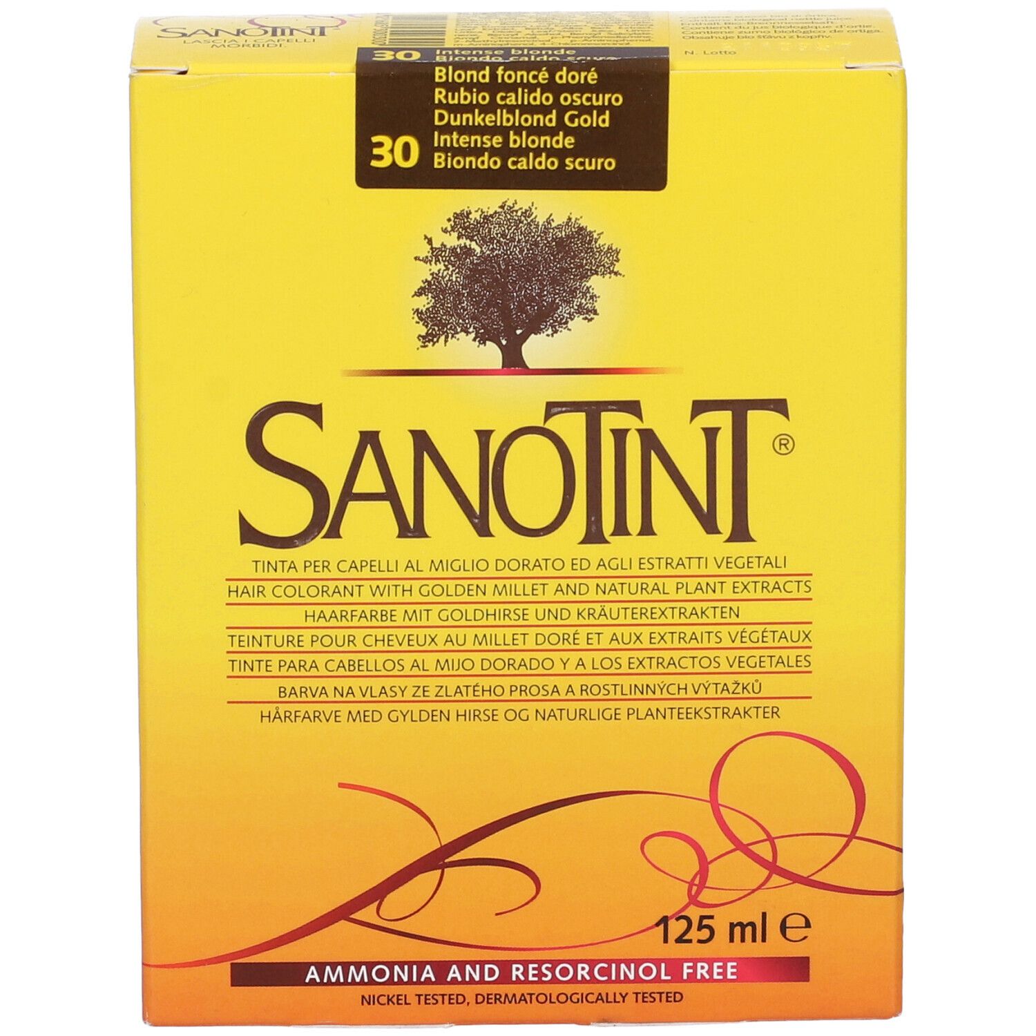 Scatola gialla con logo Sanotint e testo. Scritta: Sanotint Tintura Capelli. 125 ml.