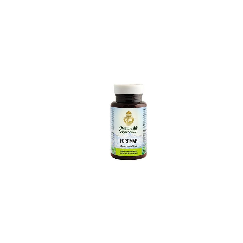 Flacone marrone con tappo bianco. Scritta: FORTIMAP. Marchio: Maharishi Ayurveda. Etichetta con informazioni sul prodotto.
