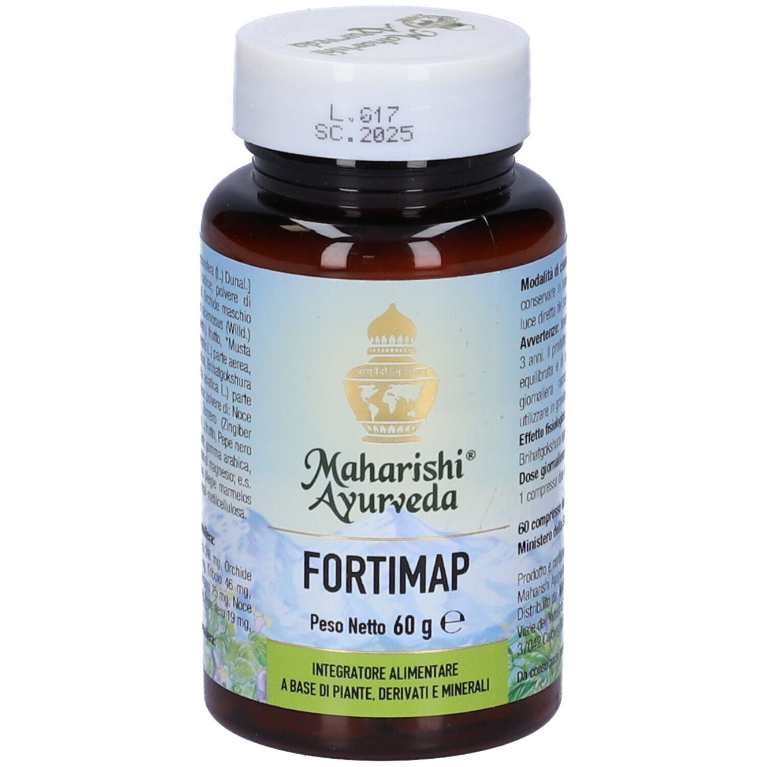 Flacone marrone con tappo bianco. Scritta: FORTIMAP. Marchio: Maharishi Ayurveda. Etichetta con ingredienti e informazioni.