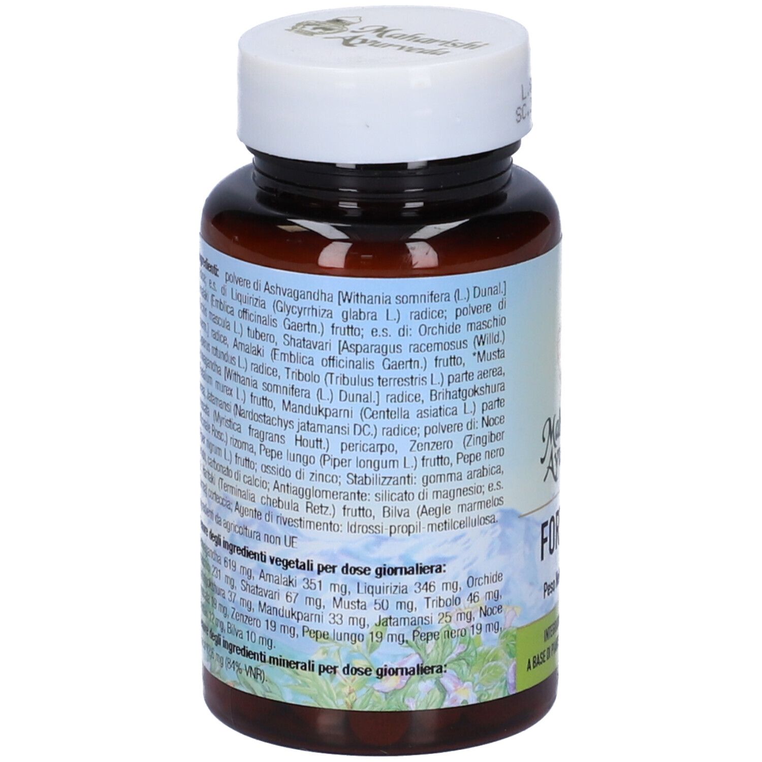 Vista posteriore di un flacone marrone con tappo bianco. Etichetta con ingredienti e informazioni. Marchio: Maharishi Ayurveda.