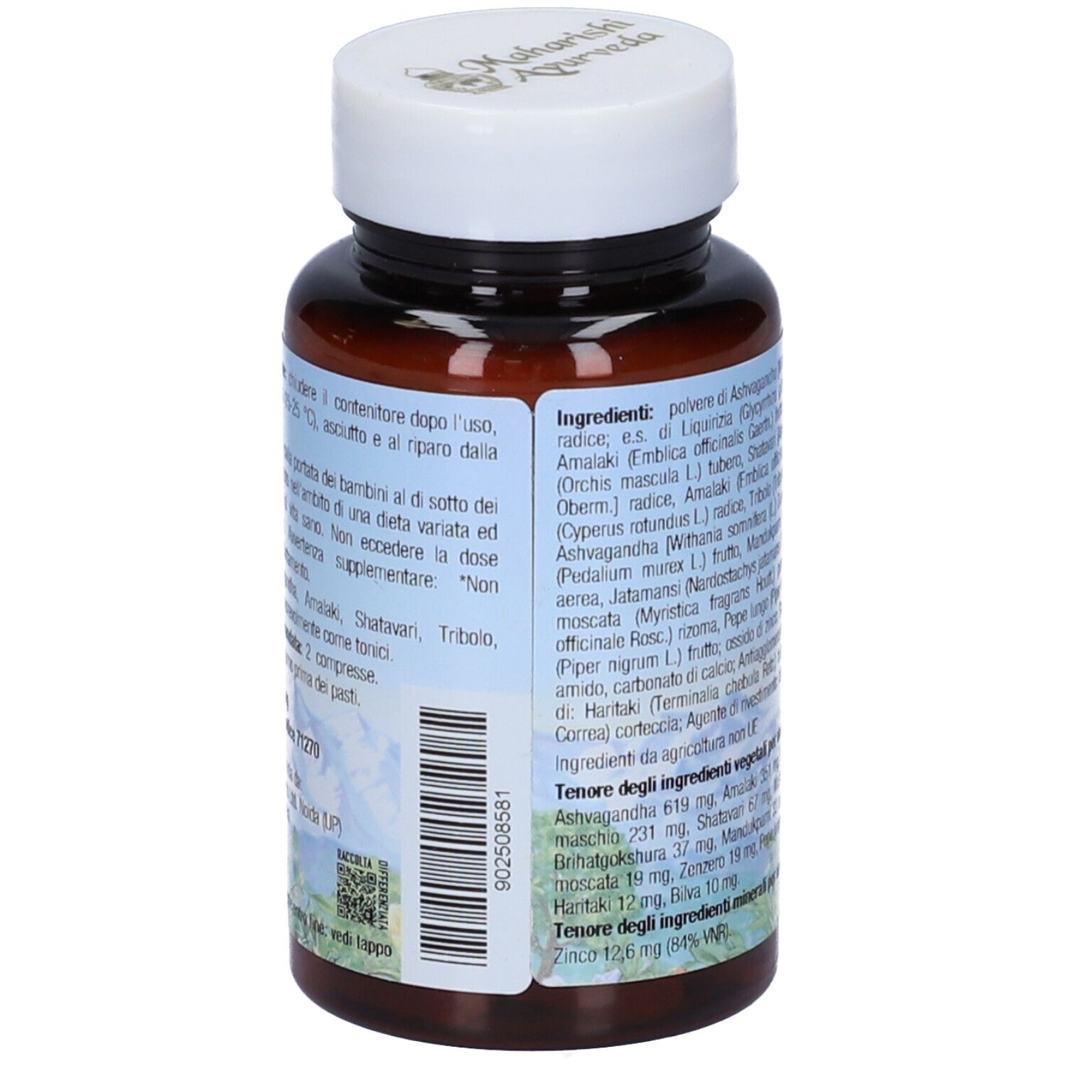 Vista posteriore di un flacone marrone con tappo bianco. Etichetta con ingredienti e informazioni. Marchio: Maharishi Ayurveda.