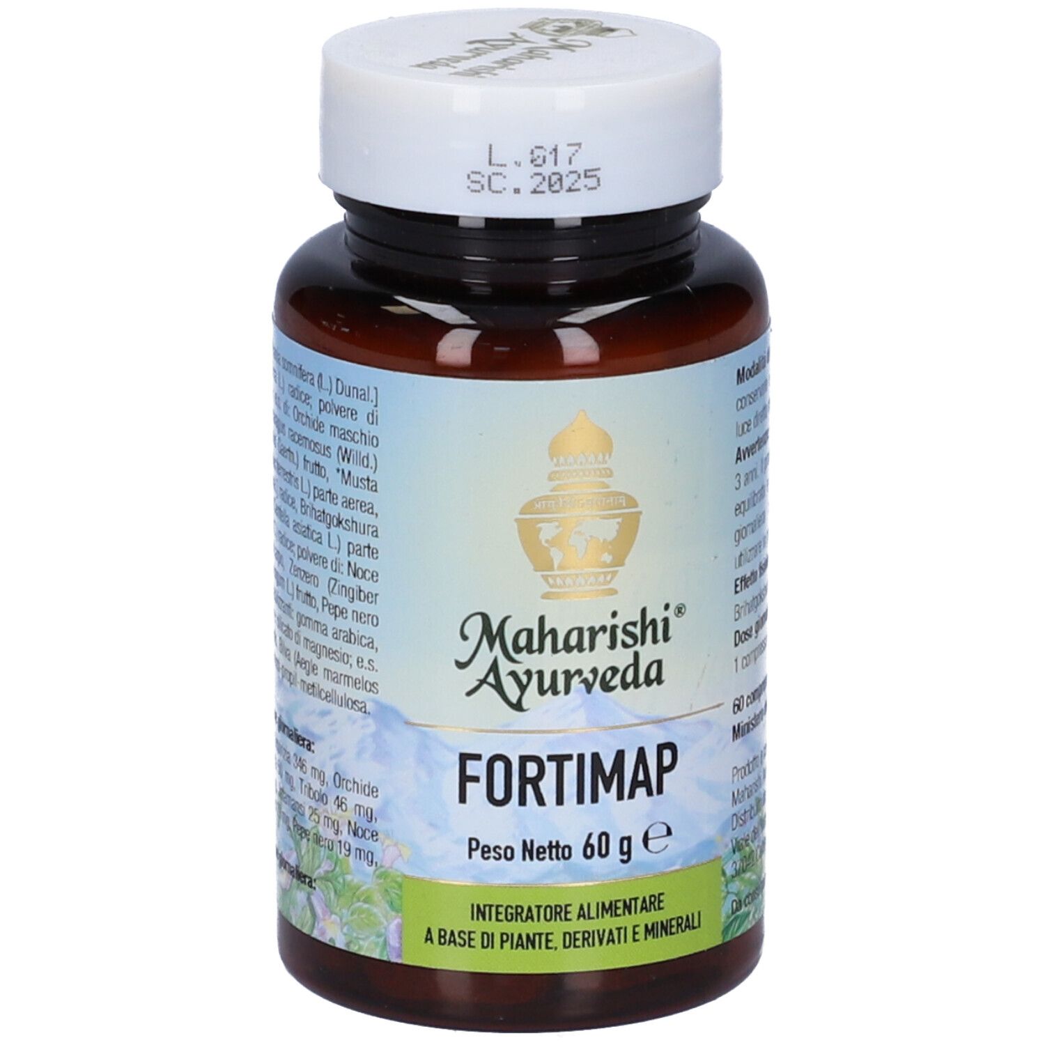 Flacone marrone con tappo bianco. Scritta: FORTIMAP. Marchio: Maharishi Ayurveda. Etichetta con ingredienti e informazioni.