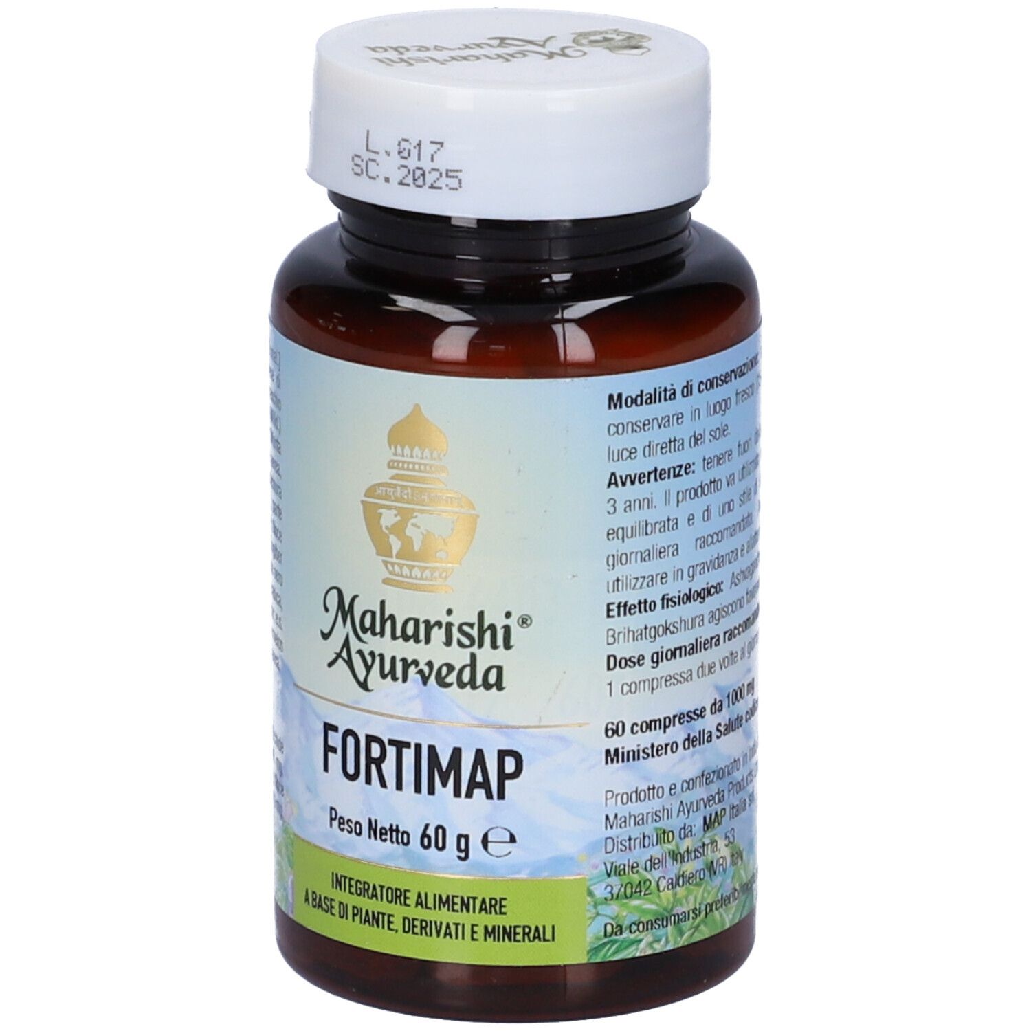 Flacone marrone con tappo bianco. Scritta: FORTIMAP. Marchio: Maharishi Ayurveda. Etichetta con informazioni e ingredienti.