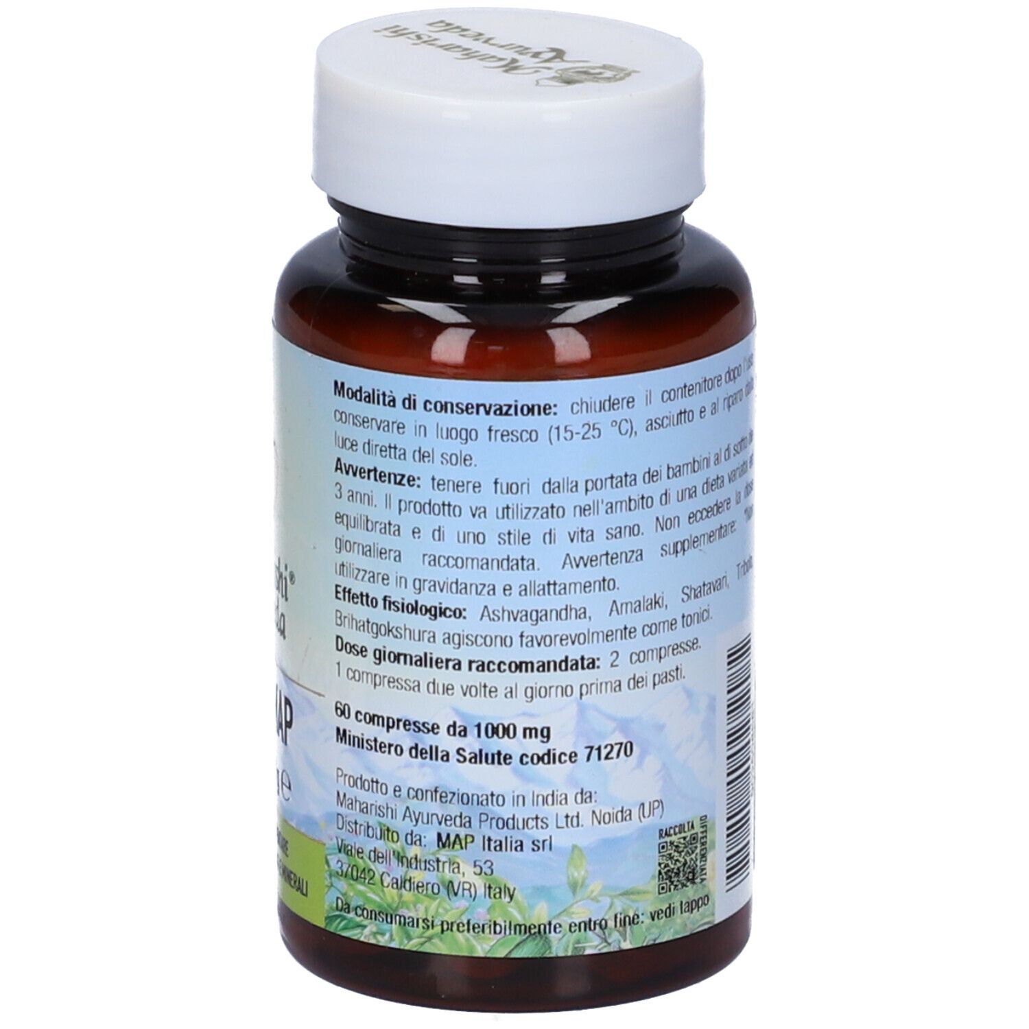 Vista posteriore di un flacone marrone con tappo bianco. Etichetta con informazioni. Marchio: Maharishi Ayurveda. 60 compresse.