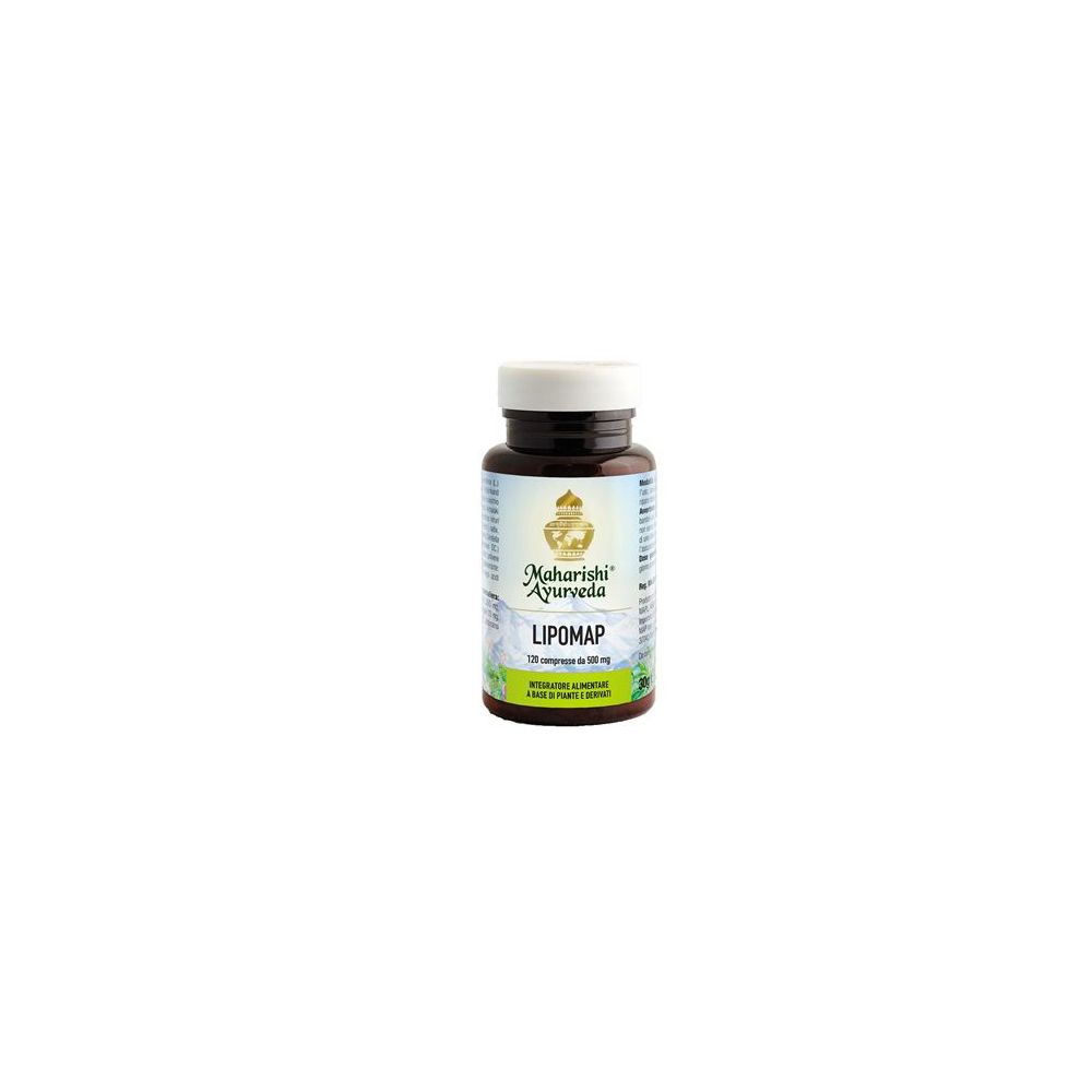 Flacone marrone con tappo bianco. Scritta: Lipomap, Maharishi Ayurveda. Etichetta con logo e informazioni sul prodotto.