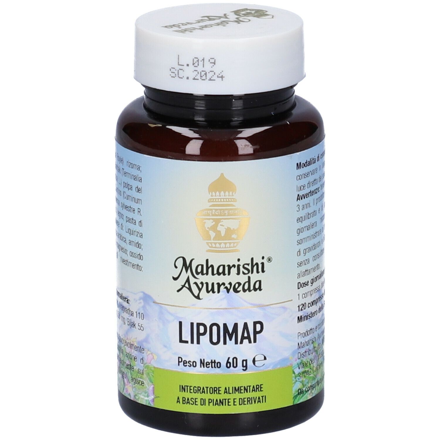 Flacone marrone con tappo bianco. Scritta: Lipomap, Maharishi Ayurveda. Peso netto 60 g. Etichetta con informazioni sul prodotto.