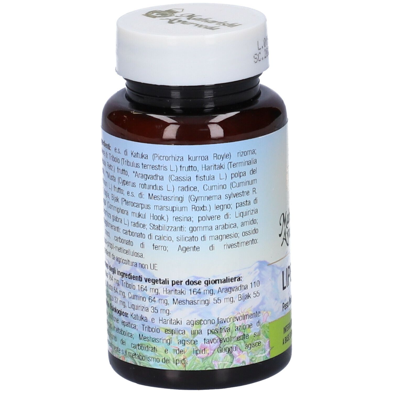 Flacone marrone con tappo bianco. Etichetta con elenco ingredienti e informazioni sul prodotto. Scritta: Lipomap, Maharishi Ayurveda.