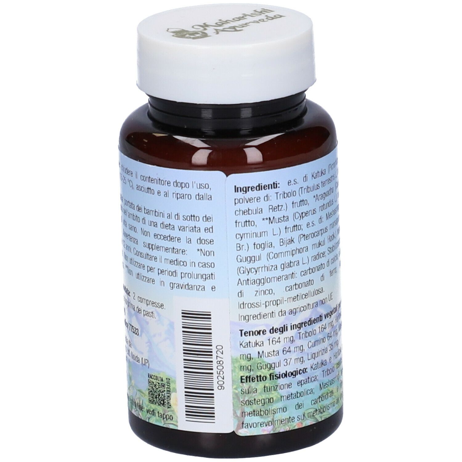 Flacone marrone con tappo bianco. Etichetta con elenco ingredienti e informazioni sul prodotto. Scritta: Lipomap, Maharishi Ayurveda.