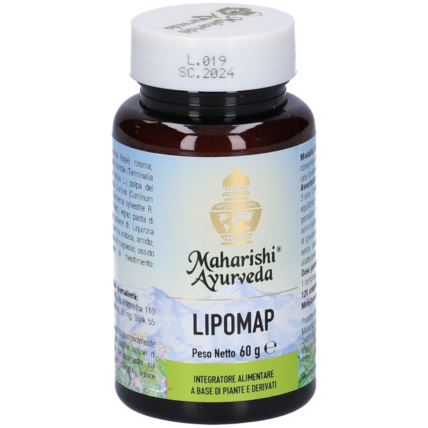 Flacone marrone con tappo bianco. Scritta: Lipomap, Maharishi Ayurveda. Peso netto 60 g. Etichetta con informazioni sul prodotto.