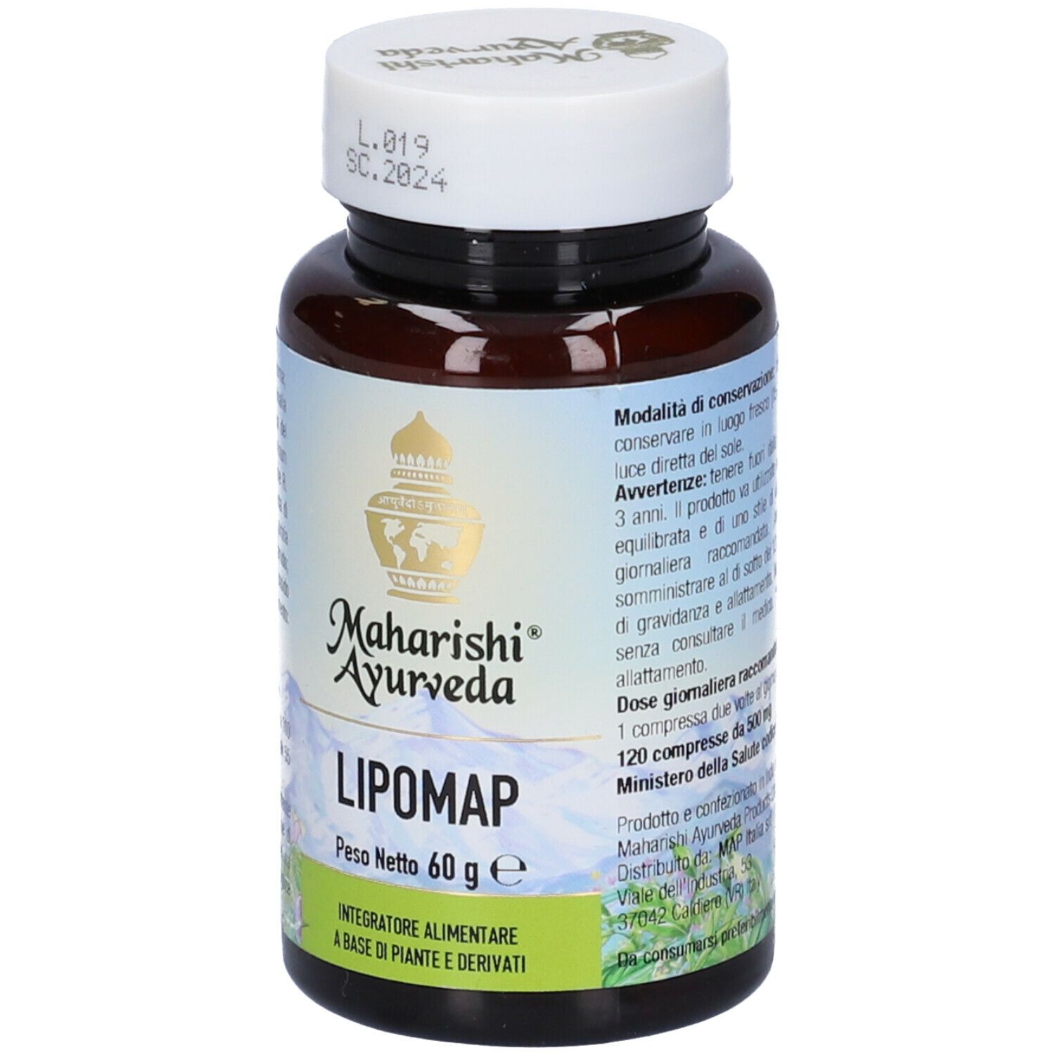 Flacone marrone con tappo bianco. Scritta: Lipomap, Maharishi Ayurveda. Peso netto 60 g. Etichetta con informazioni sul prodotto.