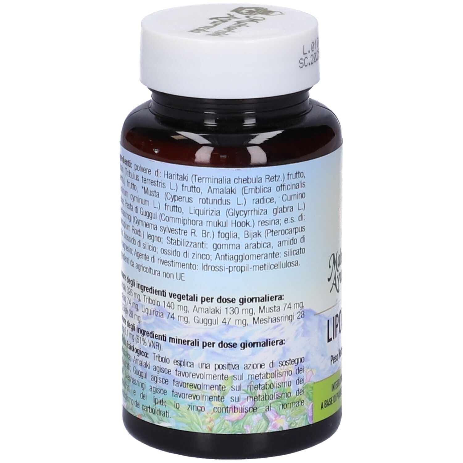Retro del flacone marrone. Testo con ingredienti e informazioni nutrizionali. Tappo bianco.