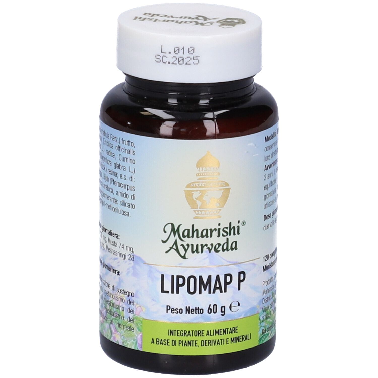 Flacone marrone con tappo bianco. Scritta: Lipomap P, 60 g. Etichetta con logo e testo.