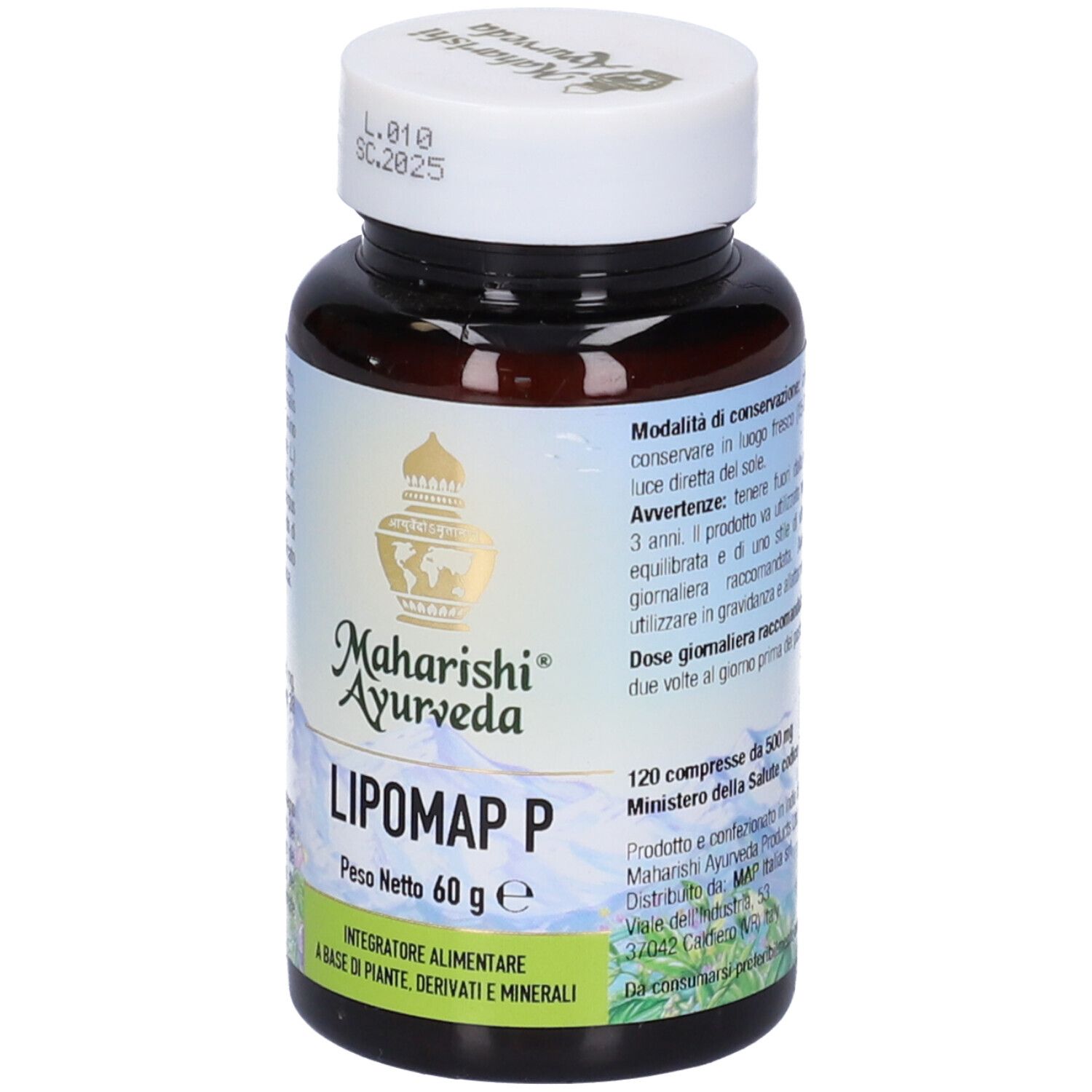 Flacone marrone con tappo bianco. Scritta: Lipomap P, 60 g. Etichetta con logo e testo.