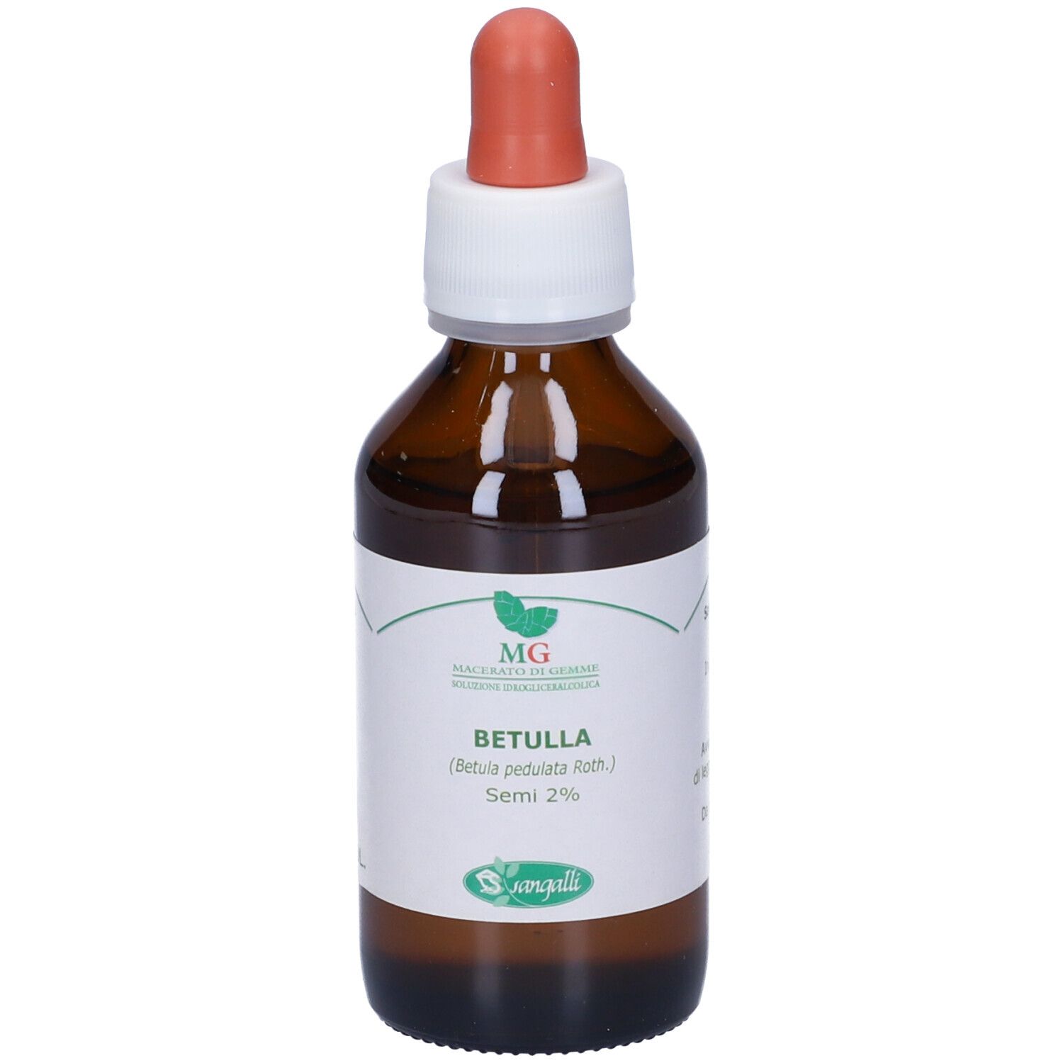 Flacone di vetro marrone con contagocce. Etichetta con testo: Betulla, Semi 2%, Sangalli. Tettarella rossa.