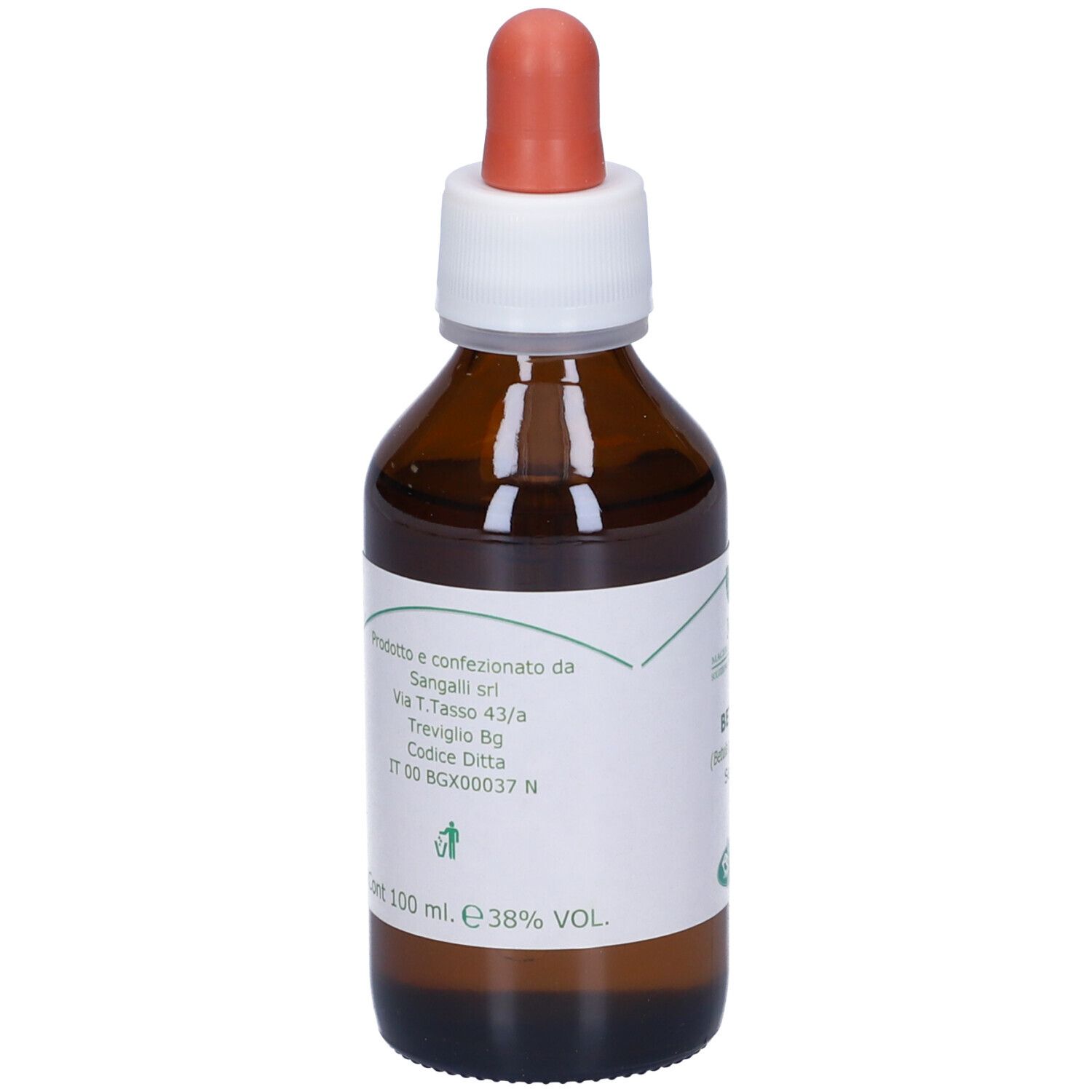 Flacone di vetro marrone con contagocce. Etichetta con testo: Betulla, Semi 2%, Sangalli. Tettarella rossa.
