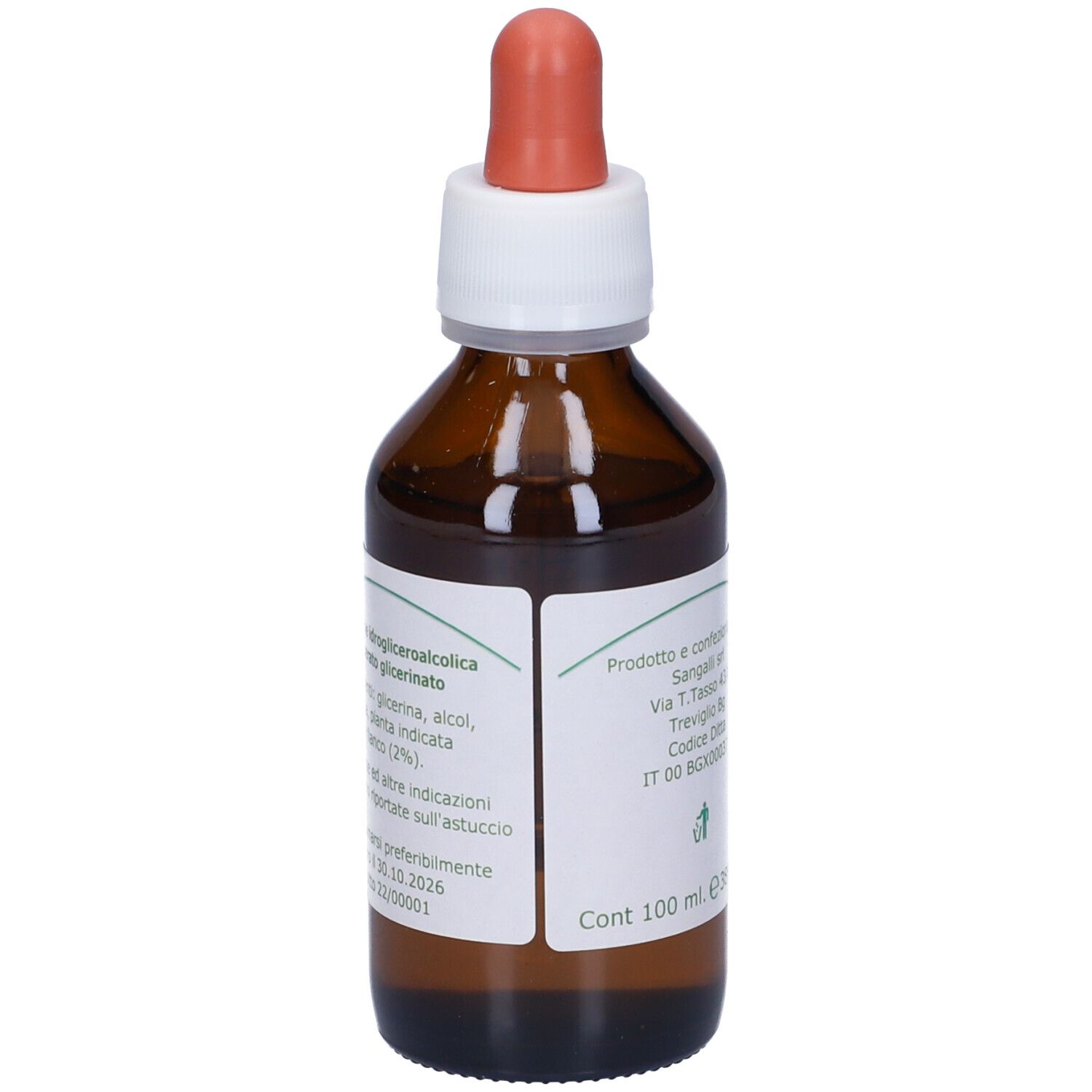 Flacone di vetro marrone con contagocce. Etichetta con testo: Betulla, Semi 2%, Sangalli. Tettarella rossa.