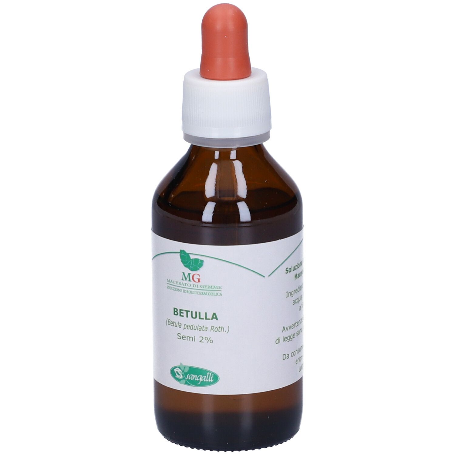 Flacone di vetro marrone con contagocce. Etichetta con testo: Betulla, Semi 2%, Sangalli. Tettarella rossa.