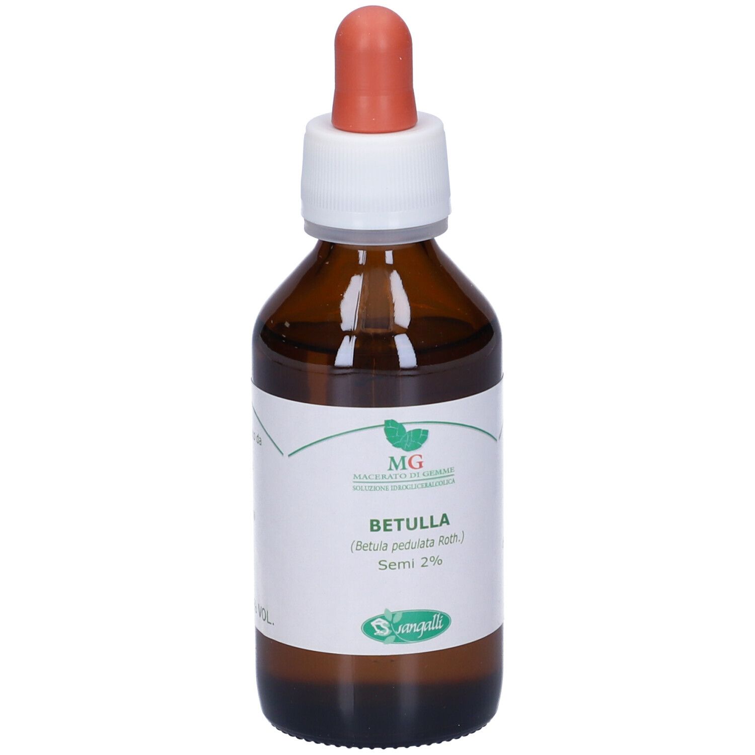 Flacone di vetro marrone con contagocce. Etichetta con testo: Betulla, Semi 2%, Sangalli. Tettarella rossa.