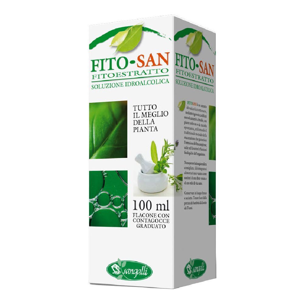 Confezione Fito-San, foglie verdi, mortaio, flacone 100 ml, logo Sangalli. Dettagli prodotto.
