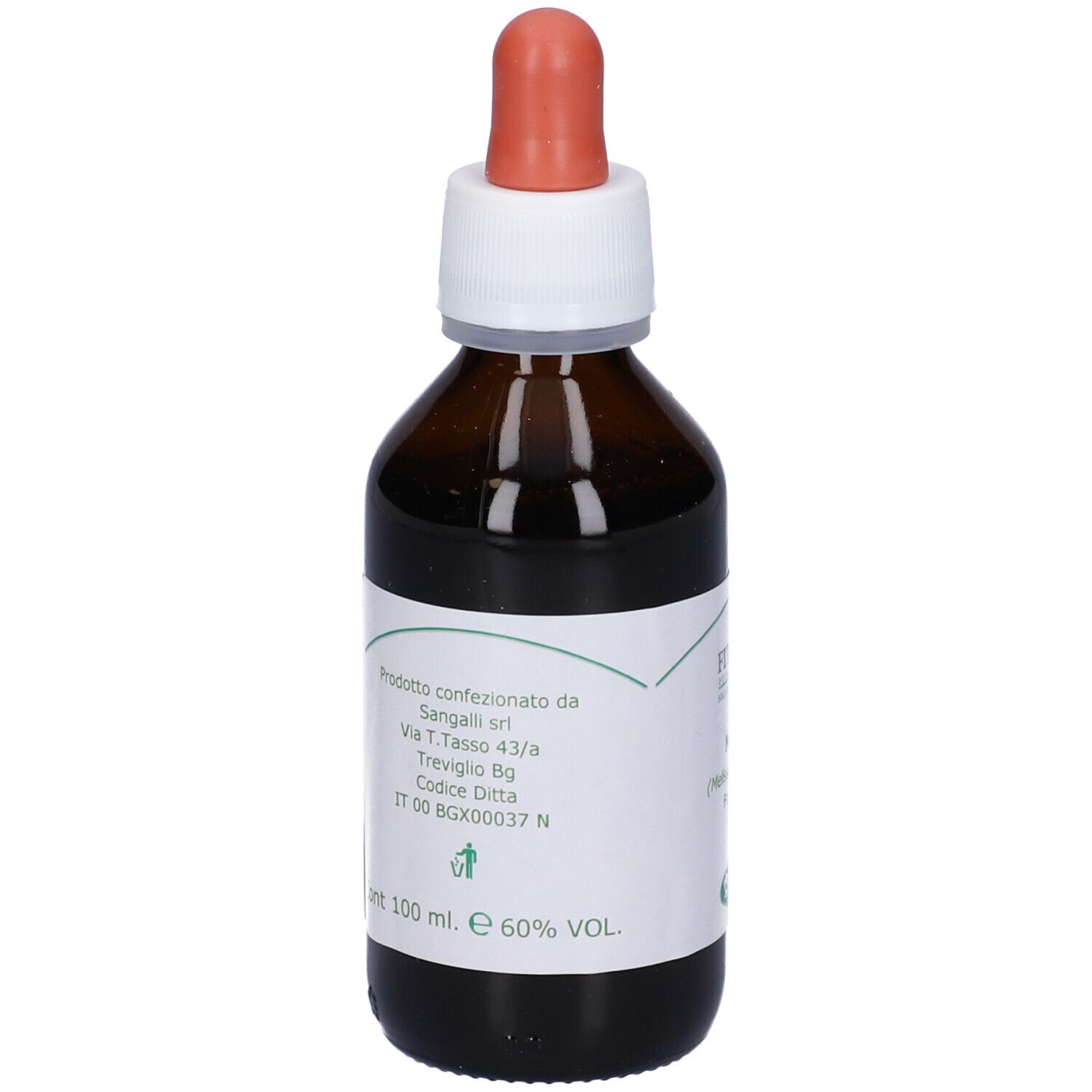 Flacone di vetro marrone con etichetta bianca. Contagocce rosso. Informazioni prodotto, 100 ml, 60% VOL.