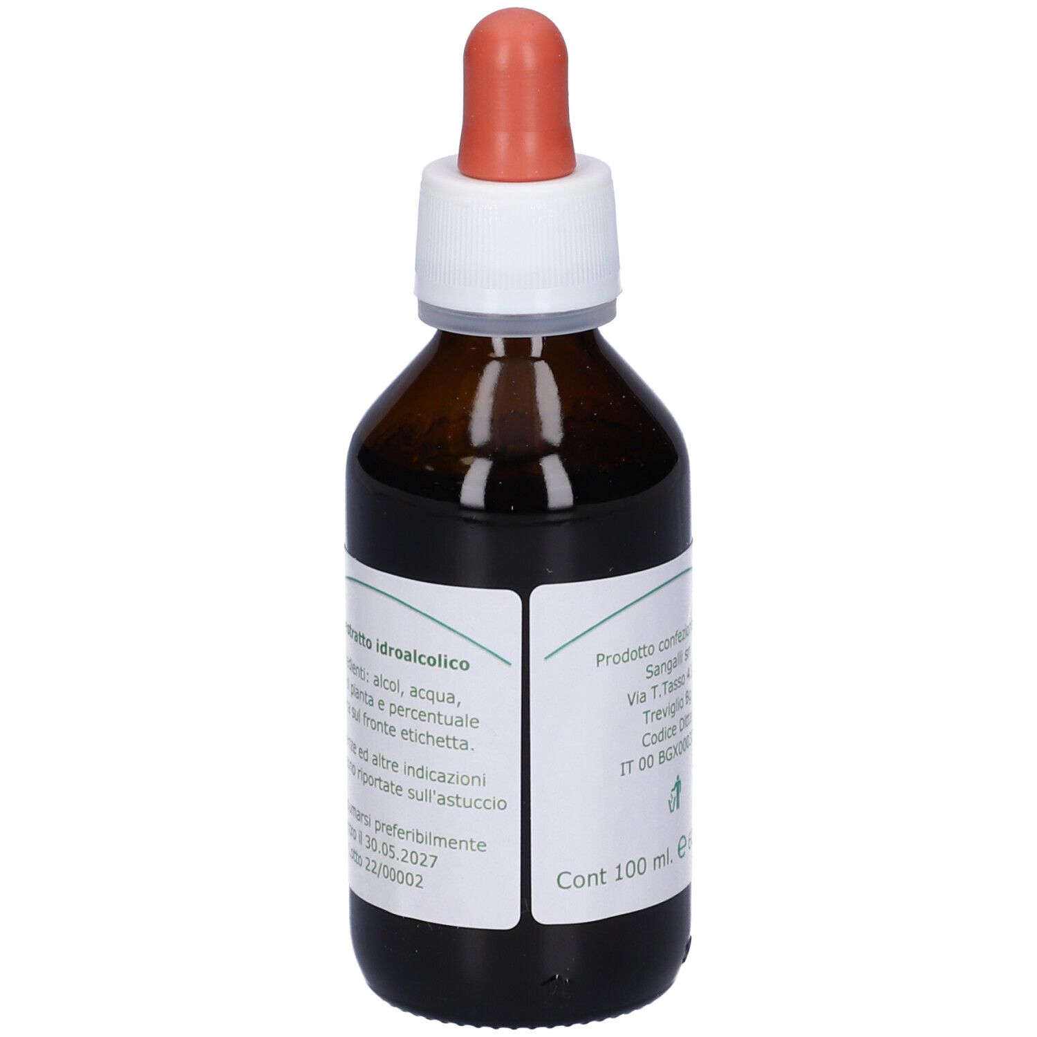 Flacone di vetro marrone con etichetta bianca. Contagocce rosso. Informazioni prodotto, 100 ml, 60% VOL.