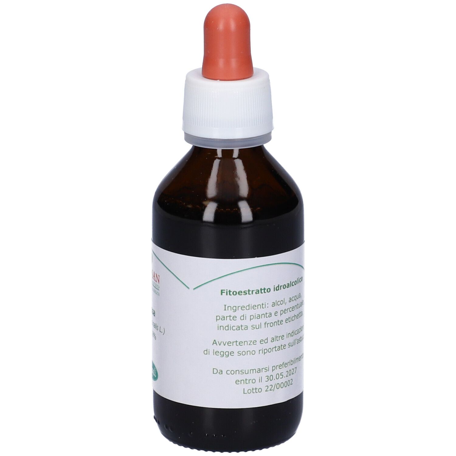 Flacone di vetro marrone con etichetta bianca. Contagocce rosso. Informazioni prodotto, 100 ml, 60% VOL.