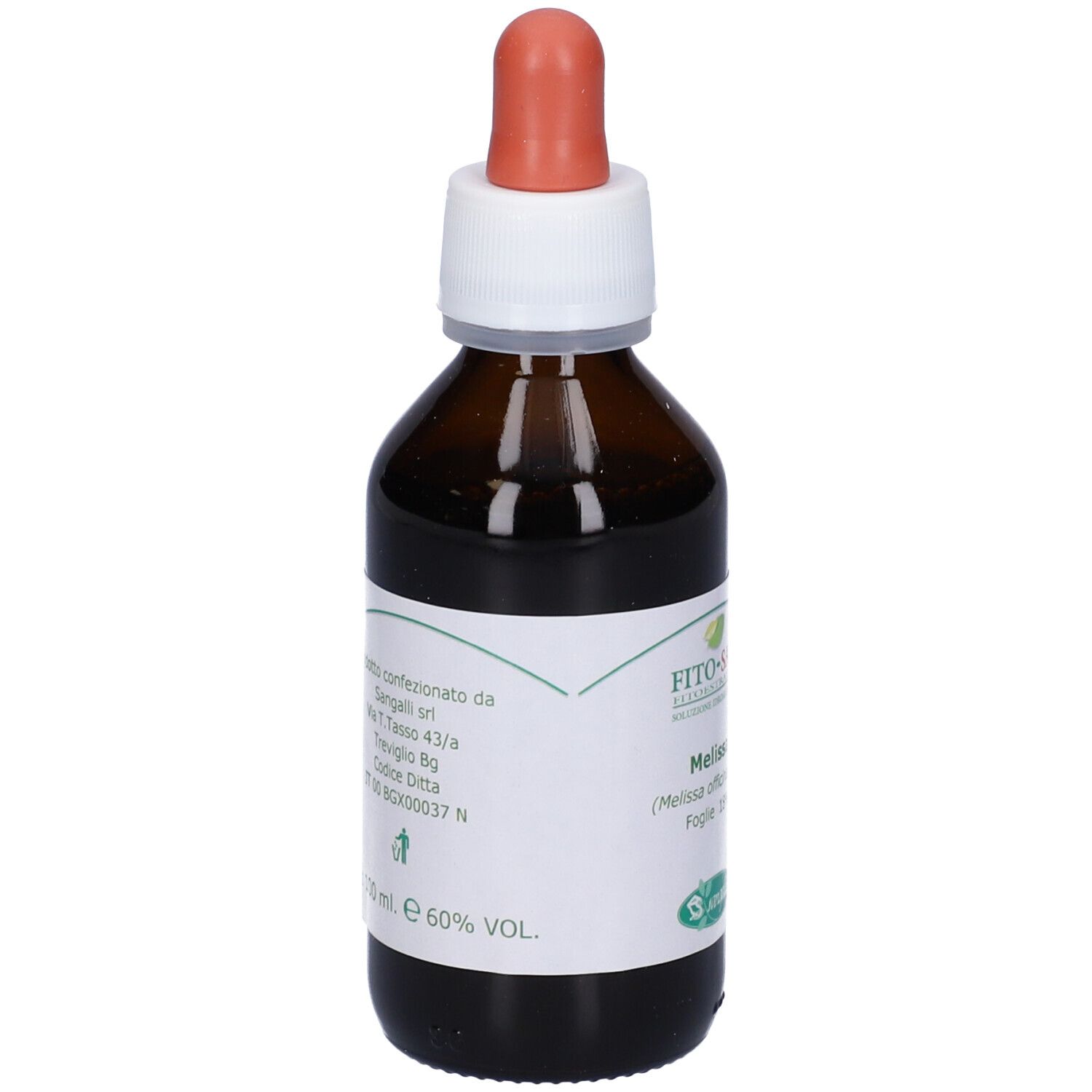 Flacone di vetro marrone con etichetta bianca. Contagocce rosso. Informazioni prodotto, 100 ml, 60% VOL.